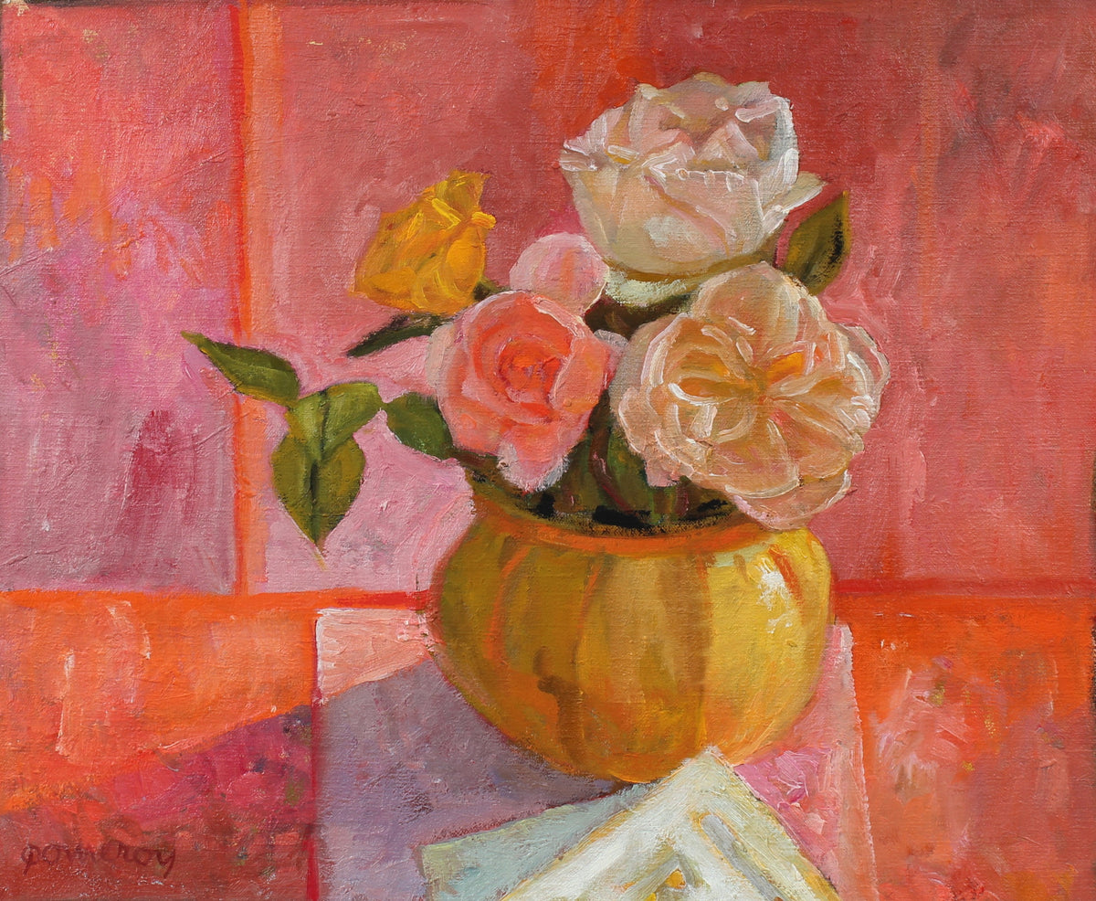 Pink Roses in Vase Still Life &lt;br&gt;Late 20th Century Oil &lt;br&gt;&lt;br&gt;#97849