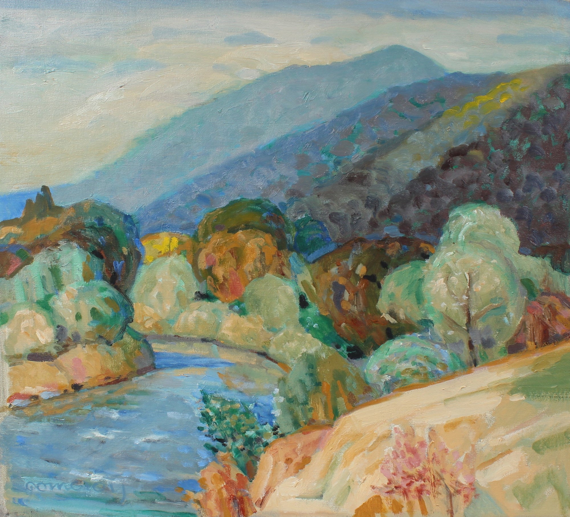 Creek with Mountains Landscape <br>20th Century Oil <br><br>#97854