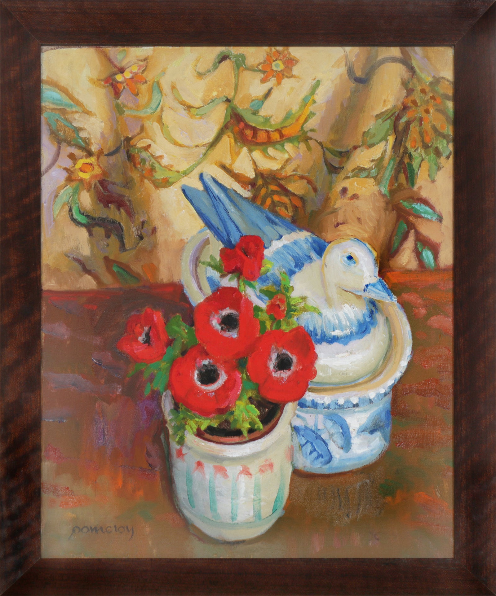 Flowers in Ceramic Vase Still Life <br>Late 20th Century Oil <br><br>#97856