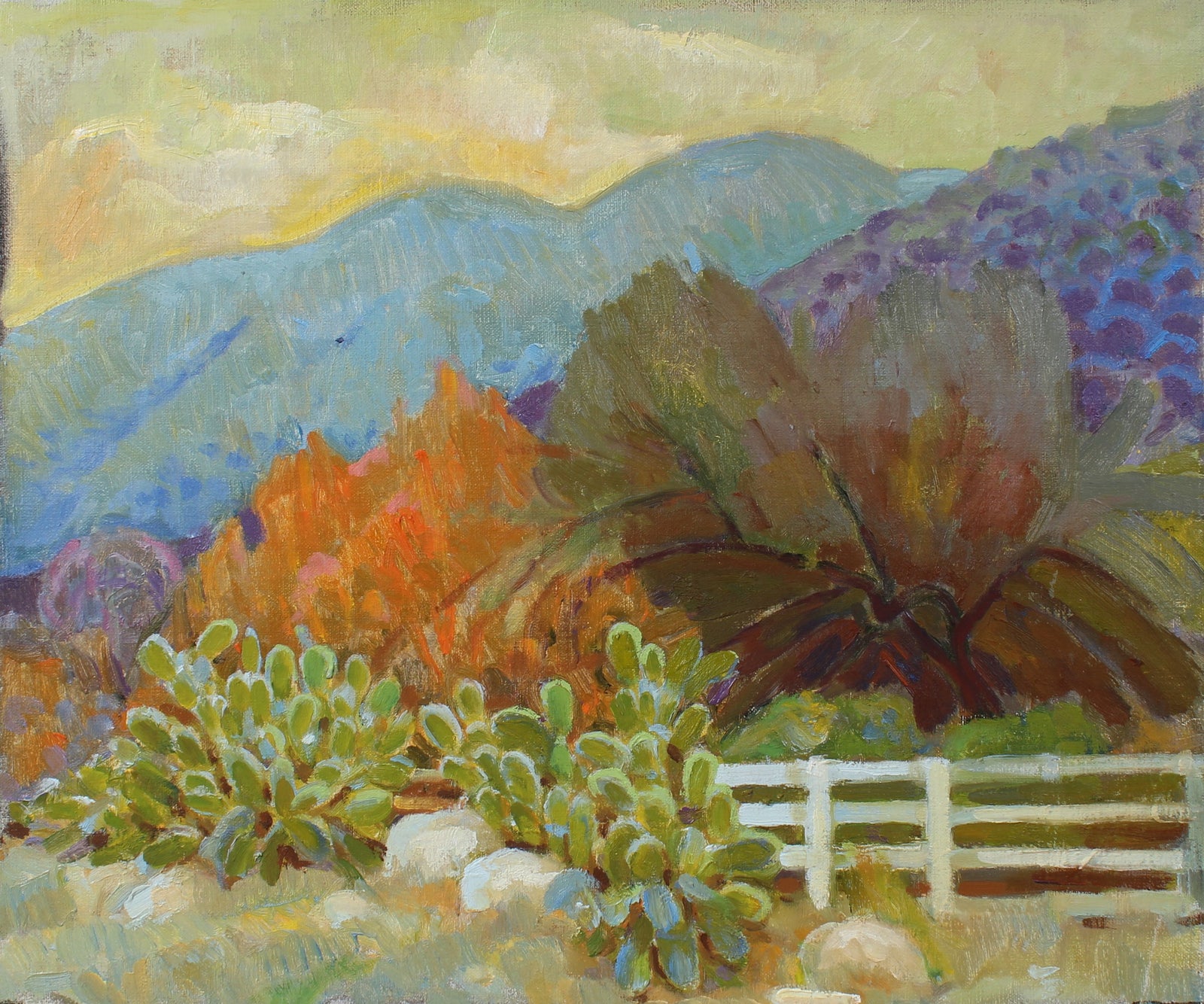 Cactus with Mountain Scene <br>20th Century Oil <br><br>#97858