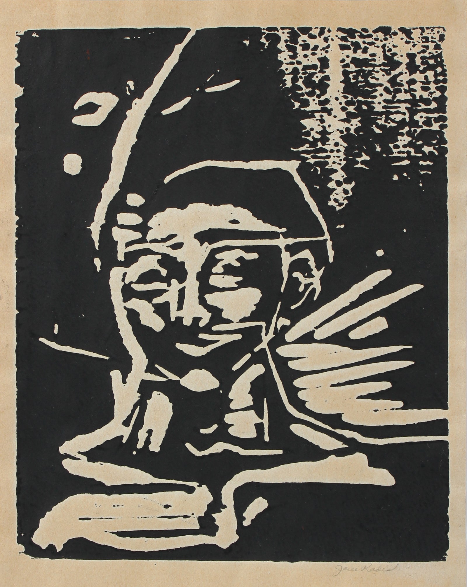 Expressionist Linocut Print Portrait<br>Mid-Late 20th Century<br><br>#98141