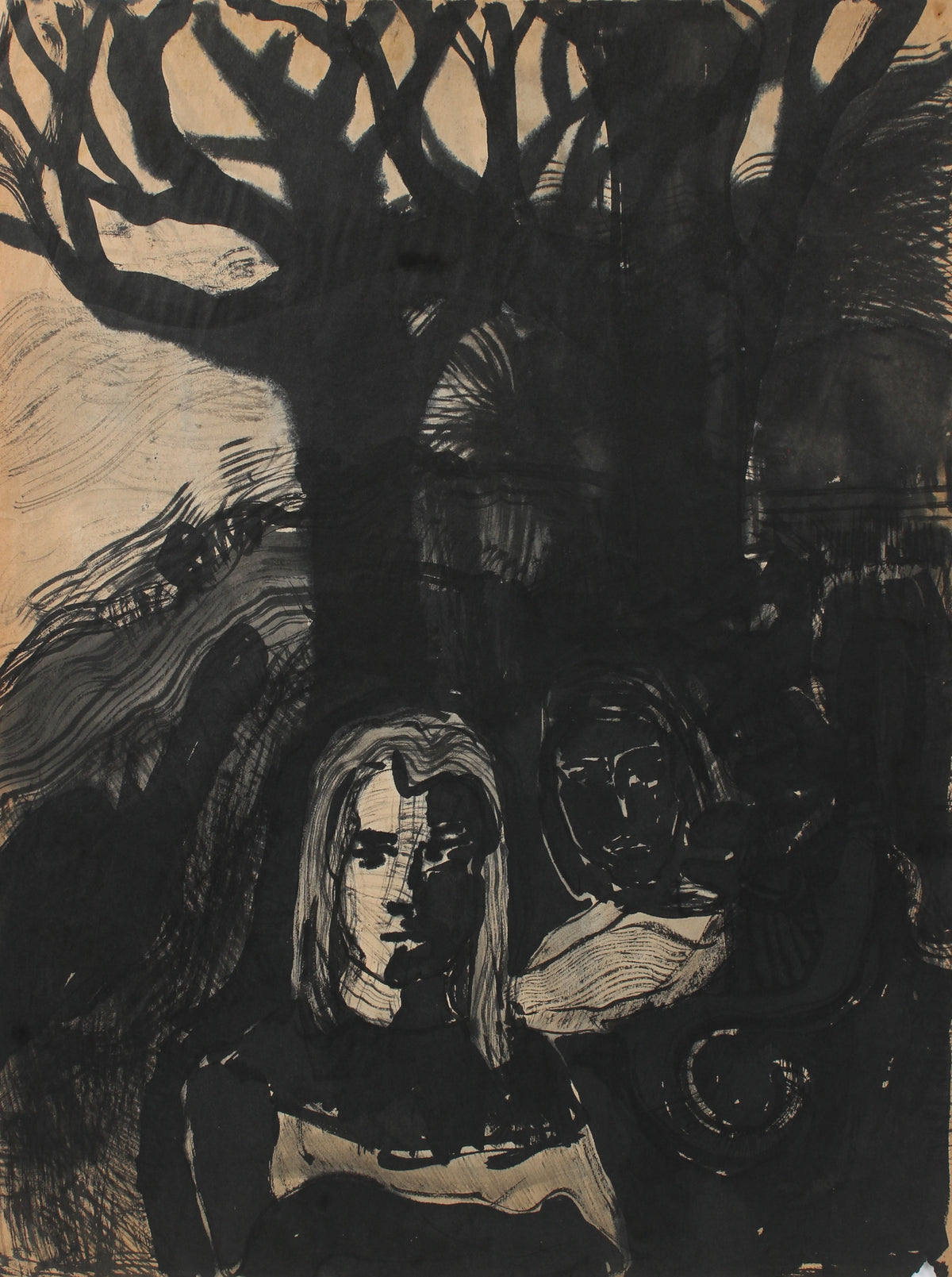 Abstracted Ink Woman with Tree&lt;br&gt;Mid-Late 20th Century&lt;br&gt;&lt;br&gt;#98145