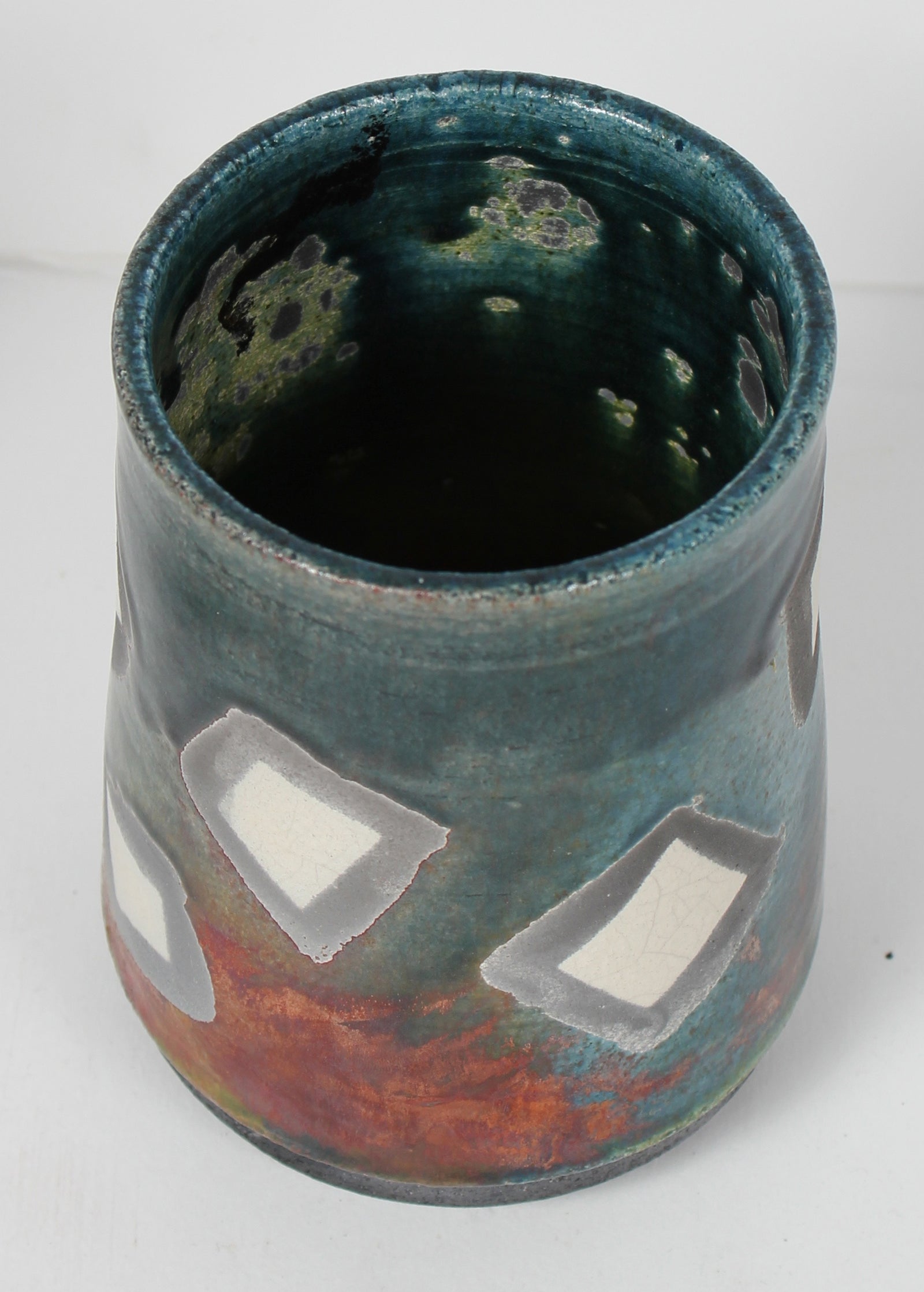 Multi-Color Upright Ceramic Vessel With Geometric Pattern <br><br>#98386