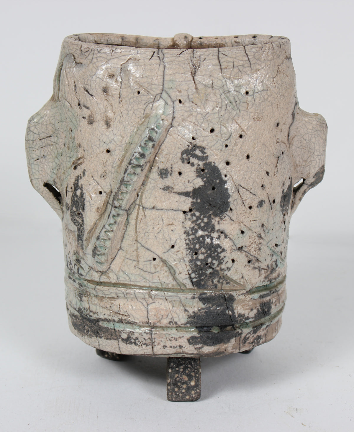 Pale Monochromatic Ceramic Vessel With Light Green Accent <br><br>#98422