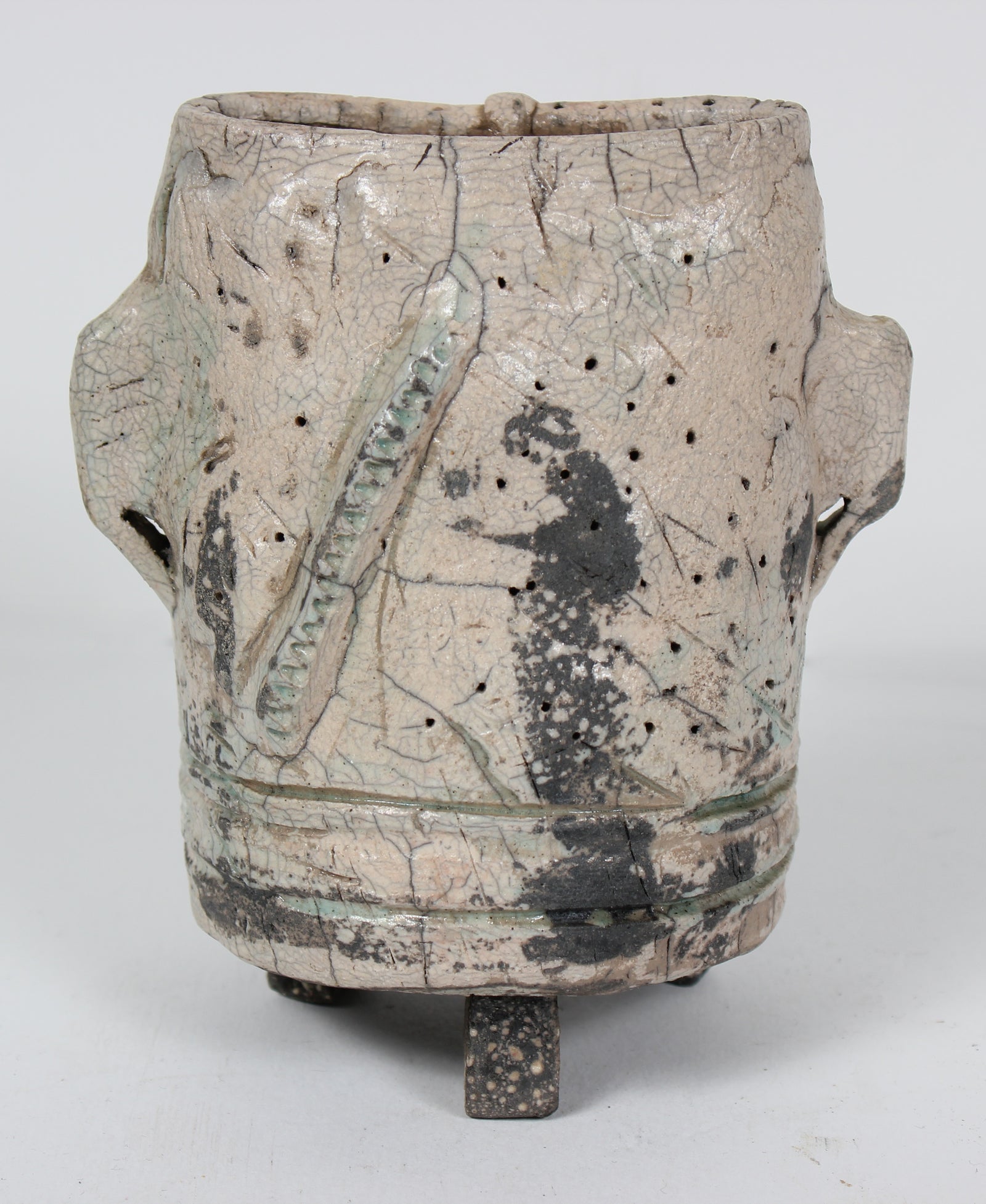 Pale Monochromatic Ceramic Vessel With Light Green Accent <br><br>#98422