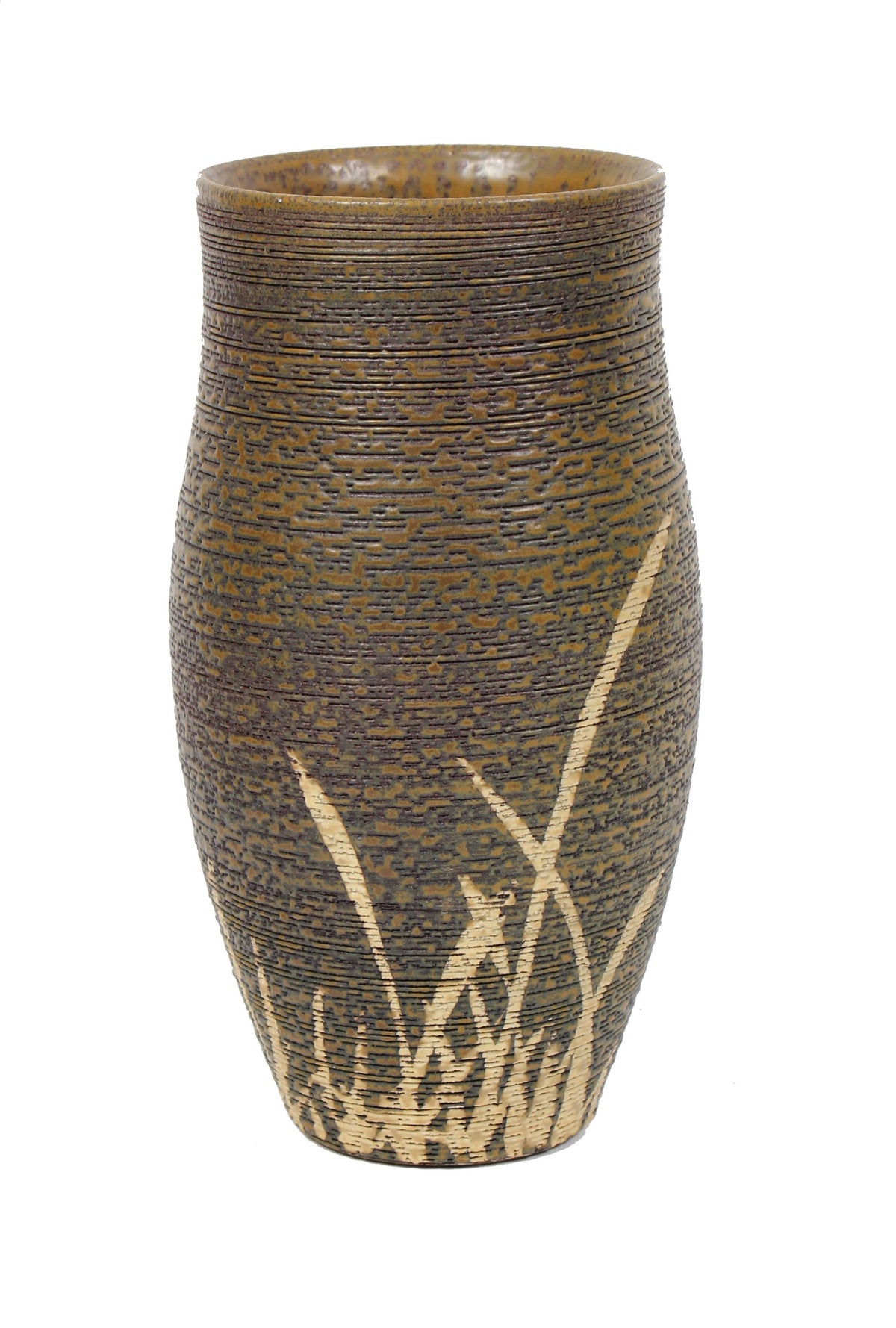 Brown Ceramic Vessel With Gray Texture And Cream Accent Lines &lt;br&gt;&lt;br&gt;#98543