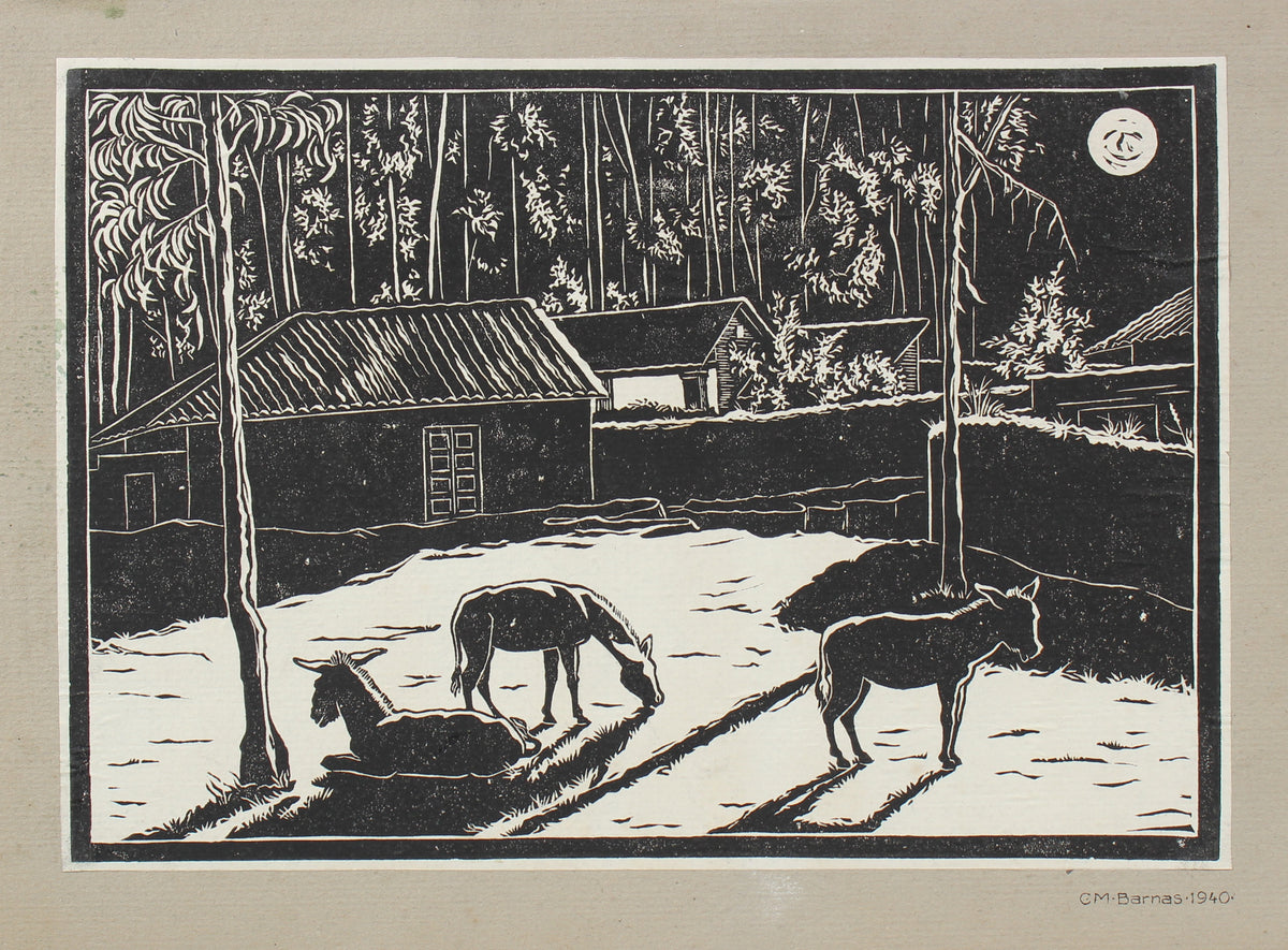 Barn with Horses Night Scene &lt;br&gt;1940 Linoleum Block Print &lt;br&gt;&lt;br&gt;#98621