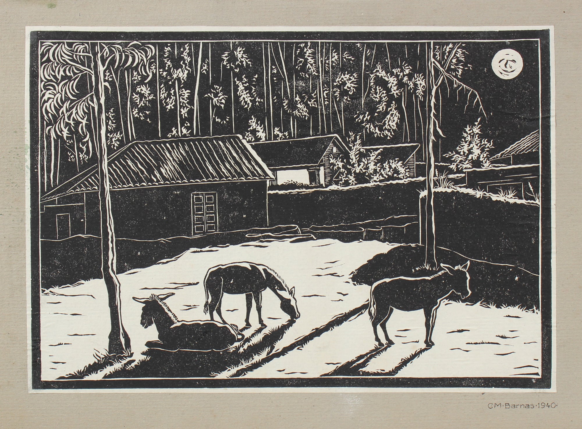 Barn with Horses Night Scene <br>1940 Linoleum Block Print <br><br>#98621