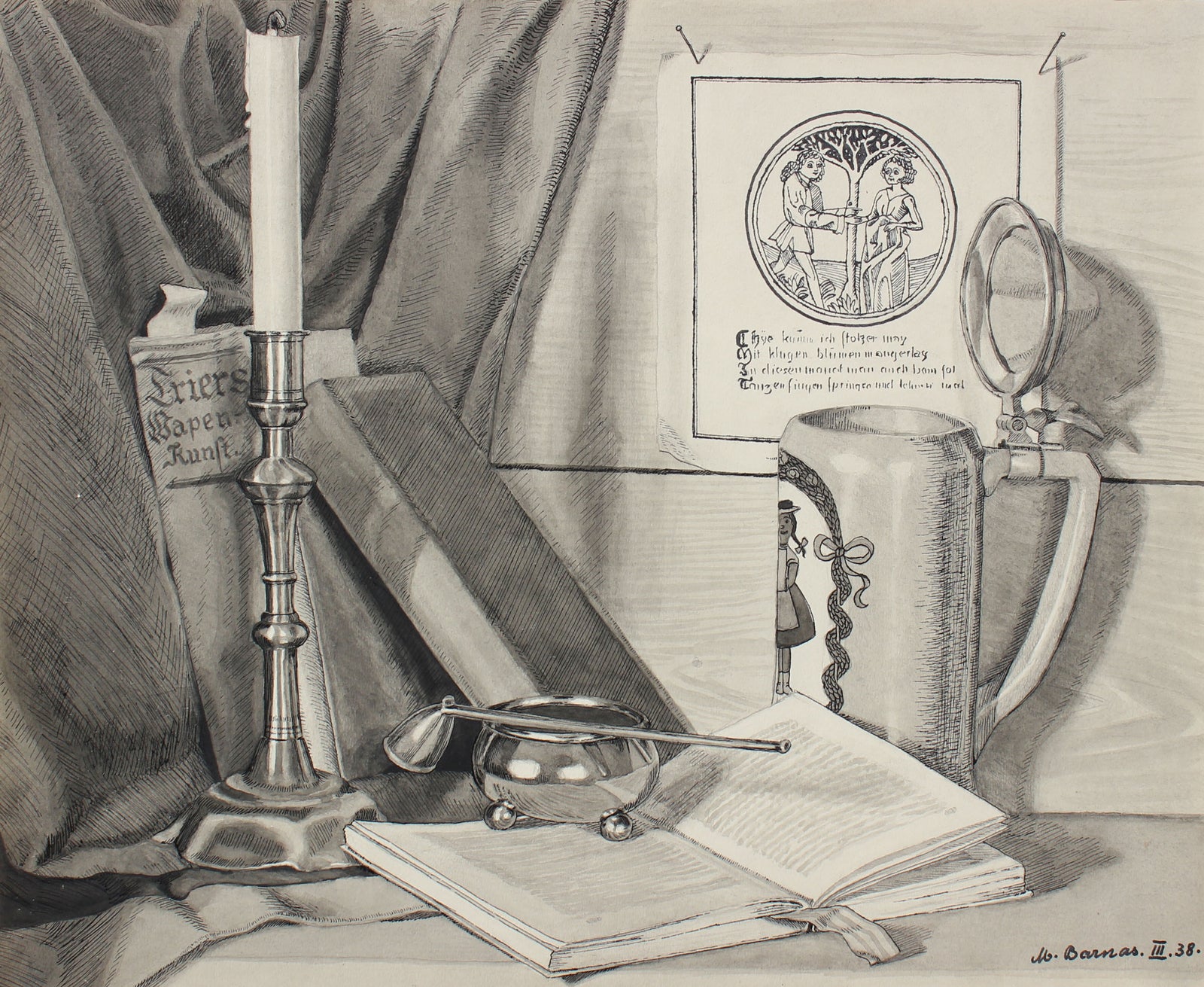 Candlestick, Book & Stein <br>1938 Ink Drawing <br><br>#98625