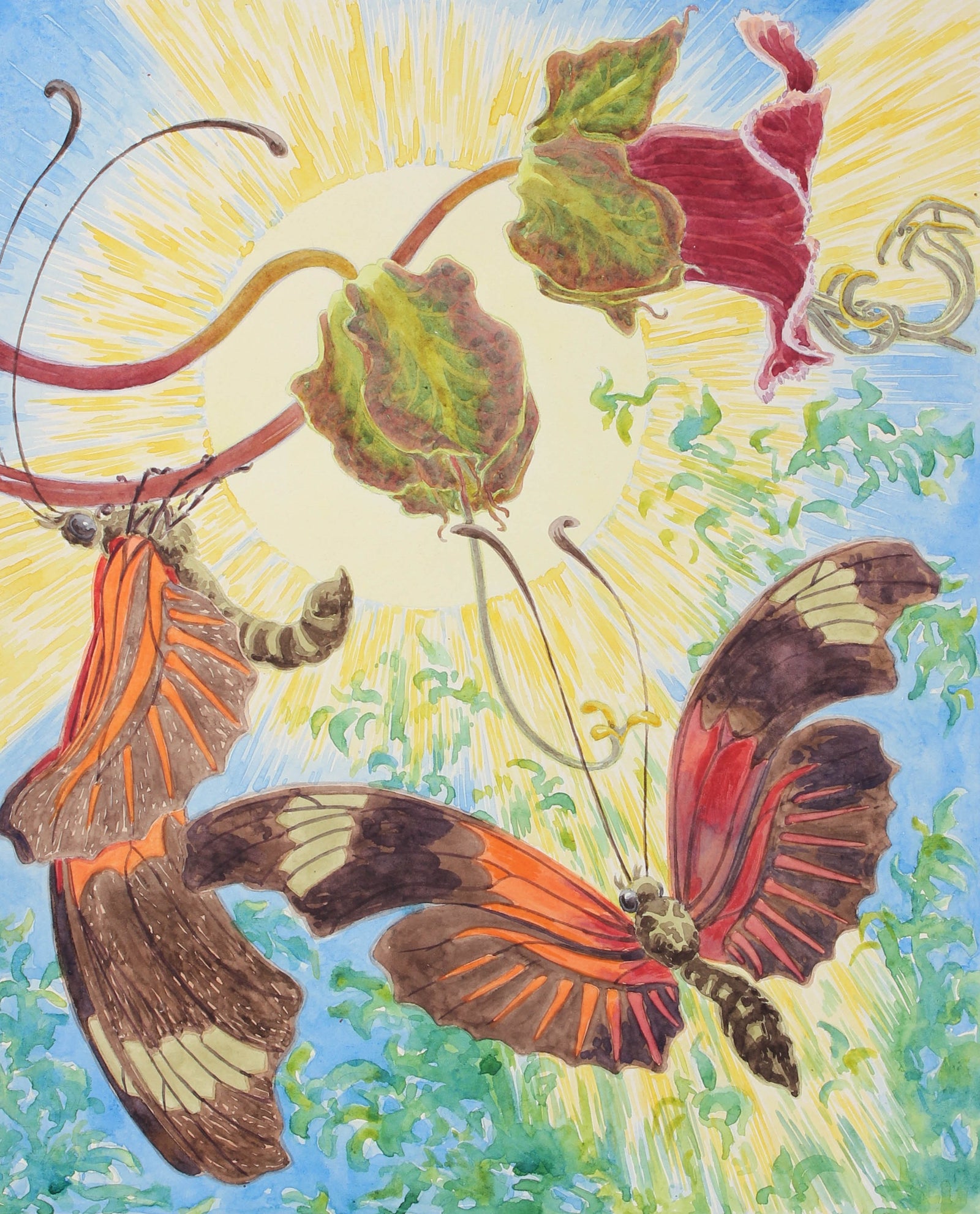 Surreal Butterfly and Flower Scene <br> June 1942 Watercolor <br><br>#98627