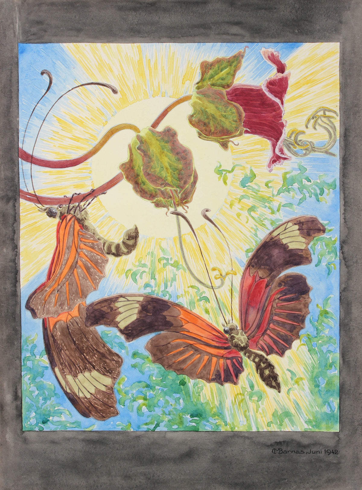 Surreal Butterfly and Flower Scene <br> June 1942 Watercolor <br><br>#98627