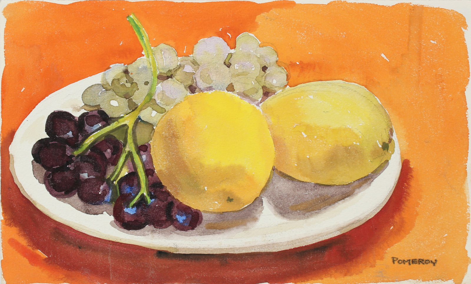 Grapes and Lemon Still Life <br>Mid-Late 20th Century Watercolor <br><br>#98629