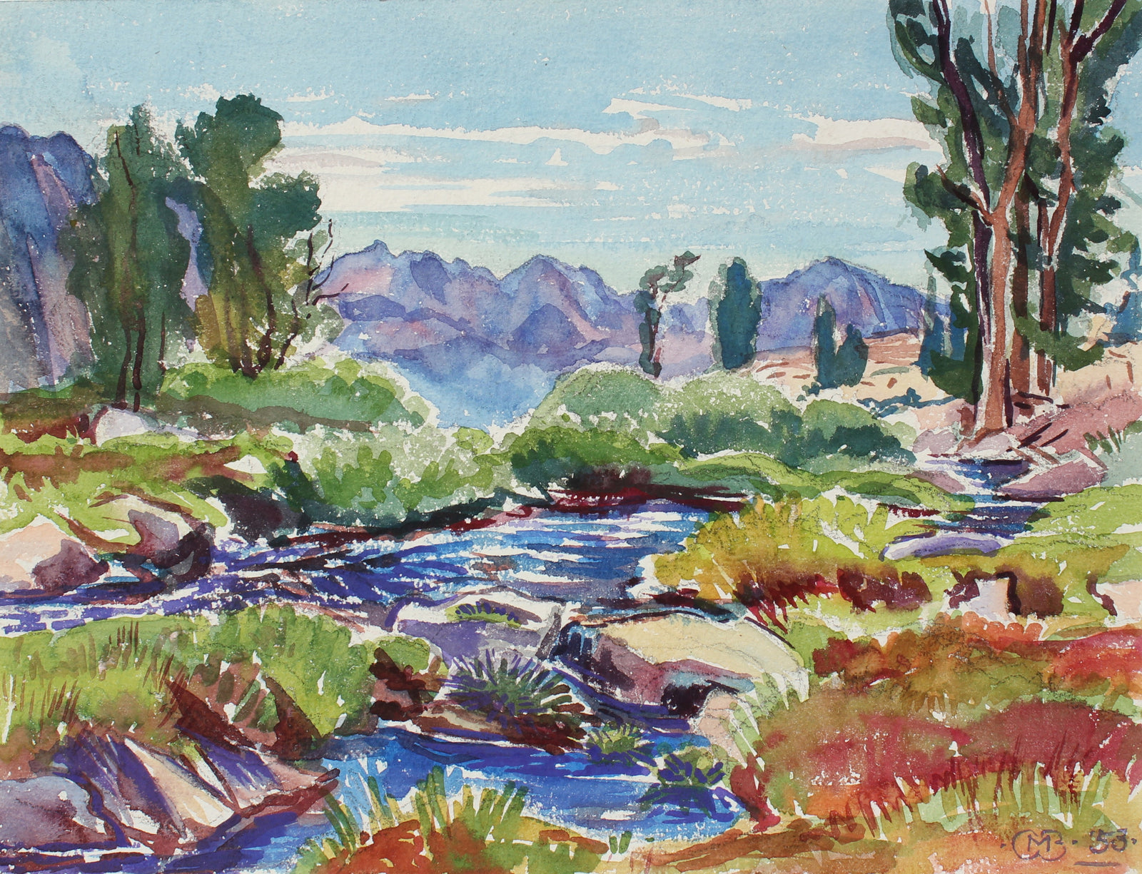 Idyllic Valley River Scene <br>1953 Watercolor <br><br>#98644