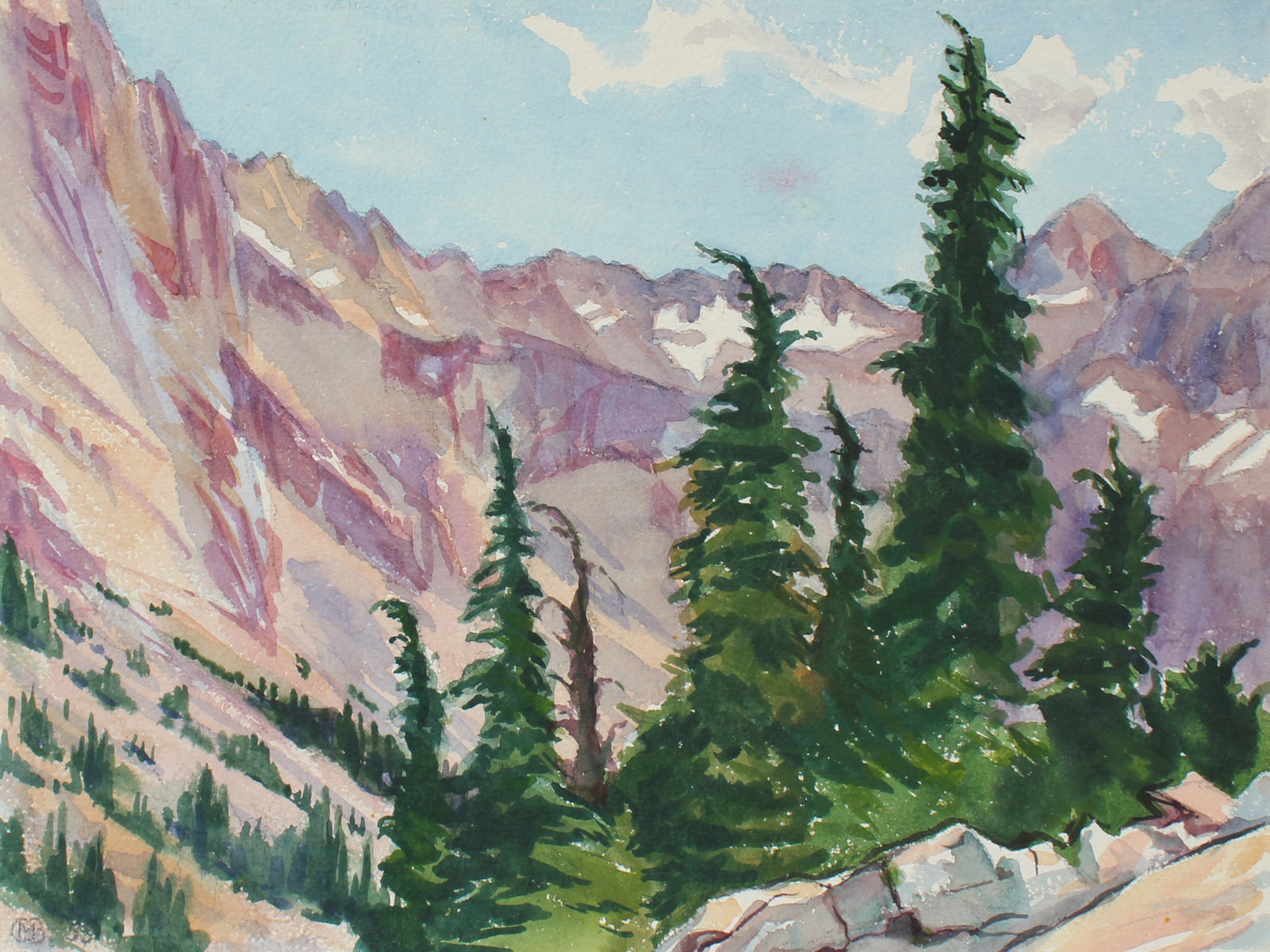 Purple Mountain Winter Landscape <br>1953 Watercolor <br><br>#98649