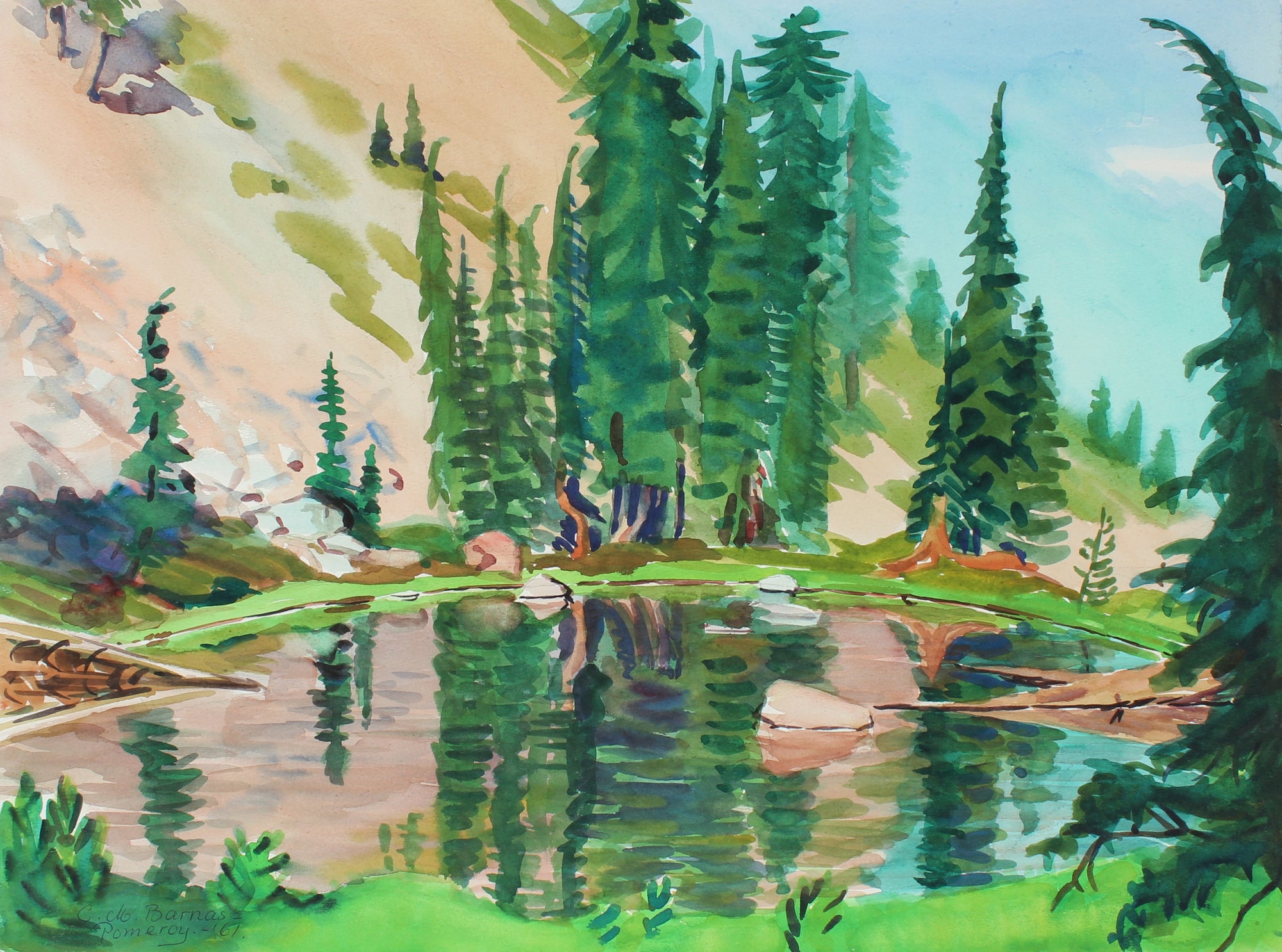<i>Young Hemlocks Reflecting on Lake</i> <br> 1961 Watercolor<br><br>#98657