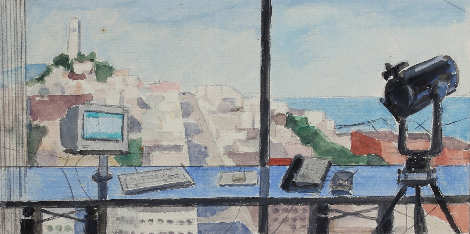 Office View Overlooking Coit Tower<br>20th century Gouache & Graphite on Paper<br><br>#99121