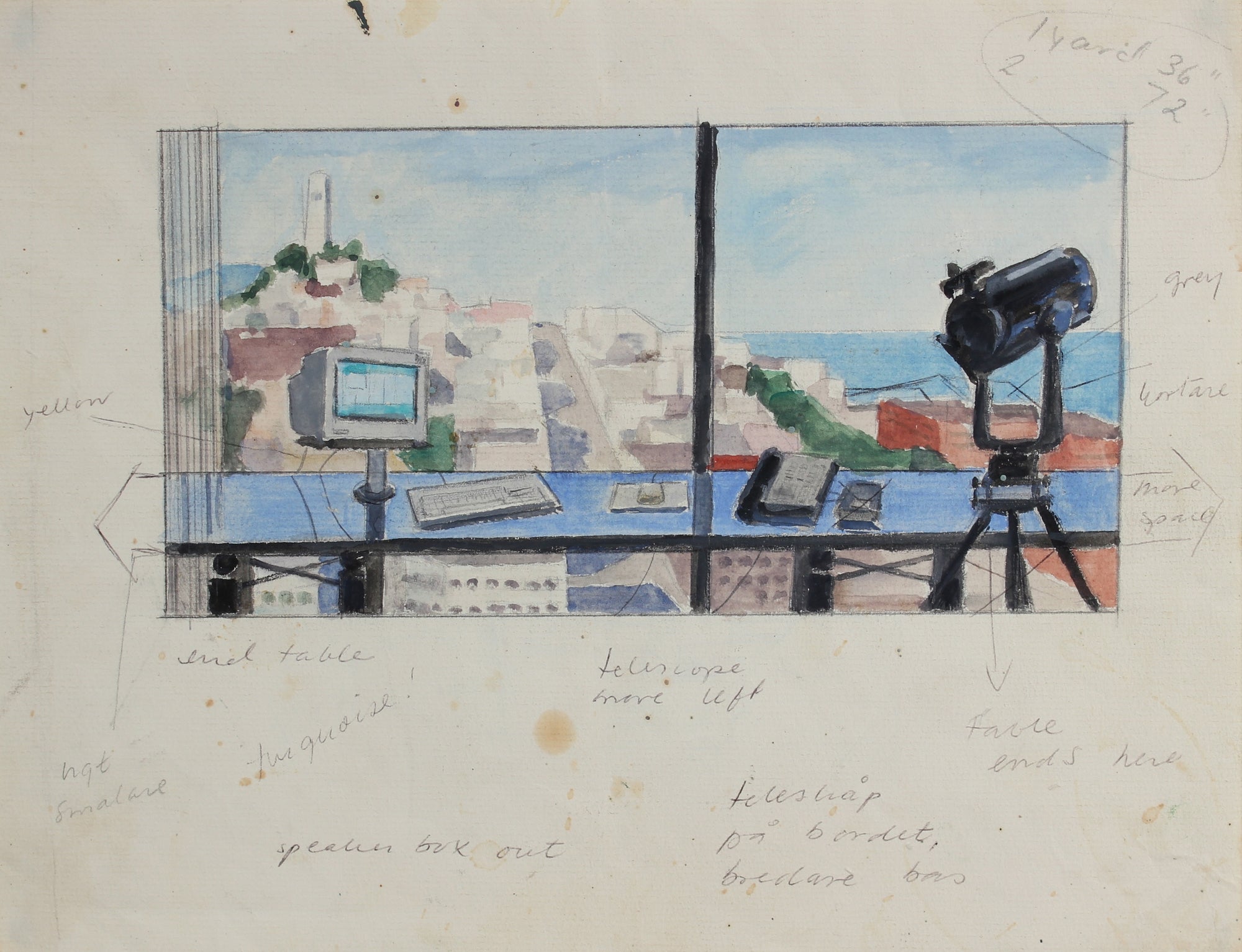 Office View Overlooking Coit Tower<br>20th century Gouache & Graphite on Paper<br><br>#99121
