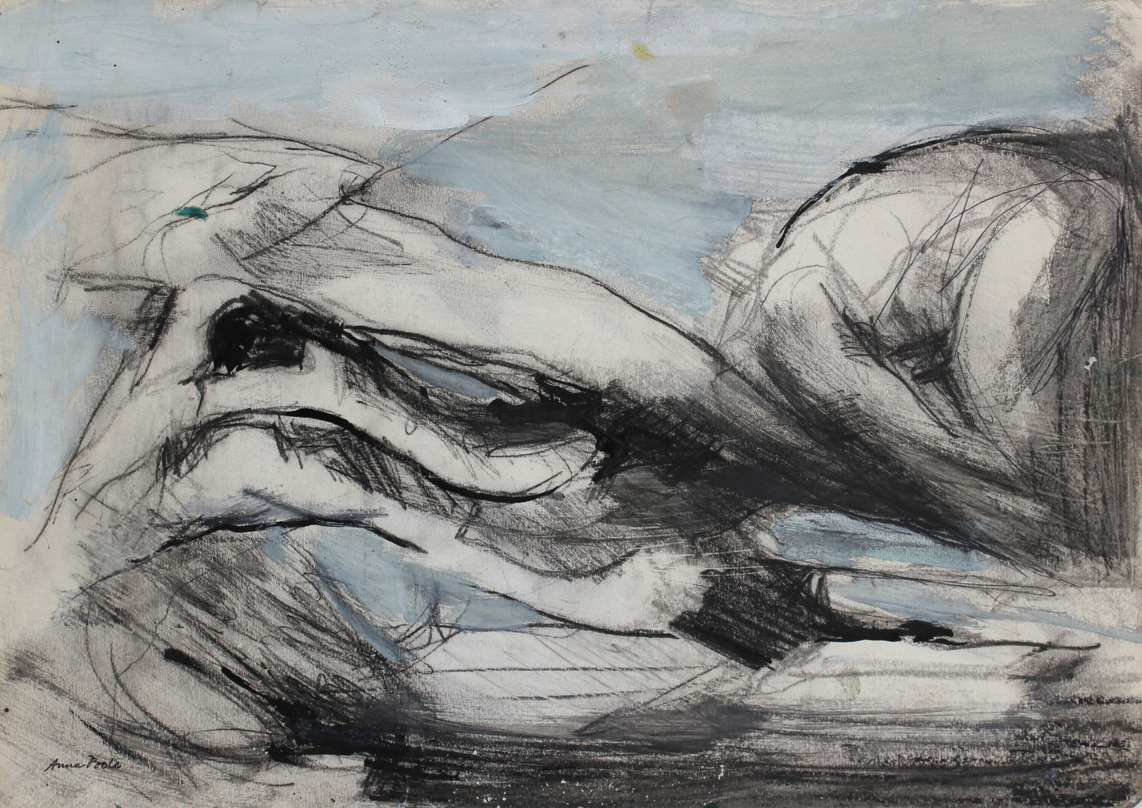 Cool Toned Abstract Figure Drawing <br>Late 20th Century Charcoal, Gouache and Ink <br><br>#99150