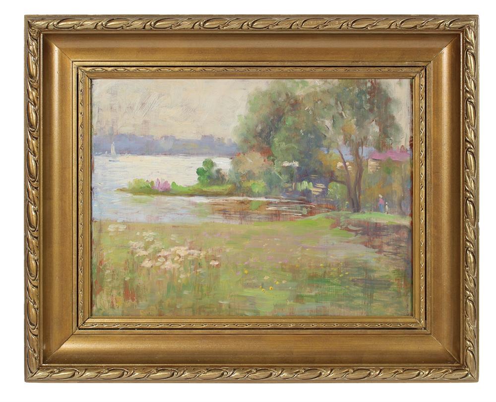 Pastoral Pond Landscape<br>1900-30s Oil<br><br>#99254