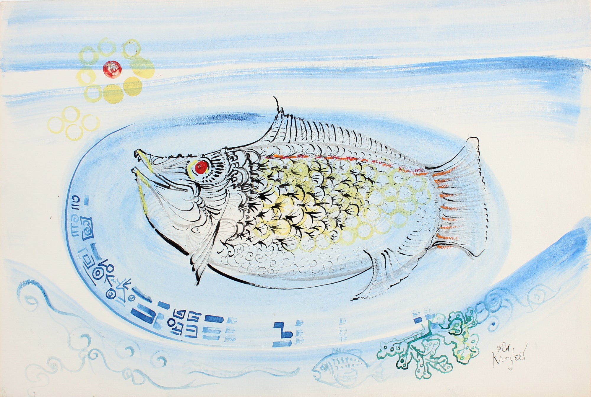 Playful Fish Dinner<br>1998 Watercolor & Ink<br><br>#99435