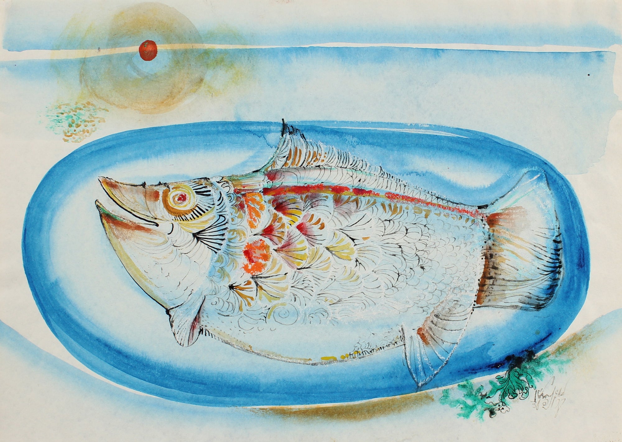 Salmon Dinner <br>1998 Watercolor & Ink <br><br>#99437