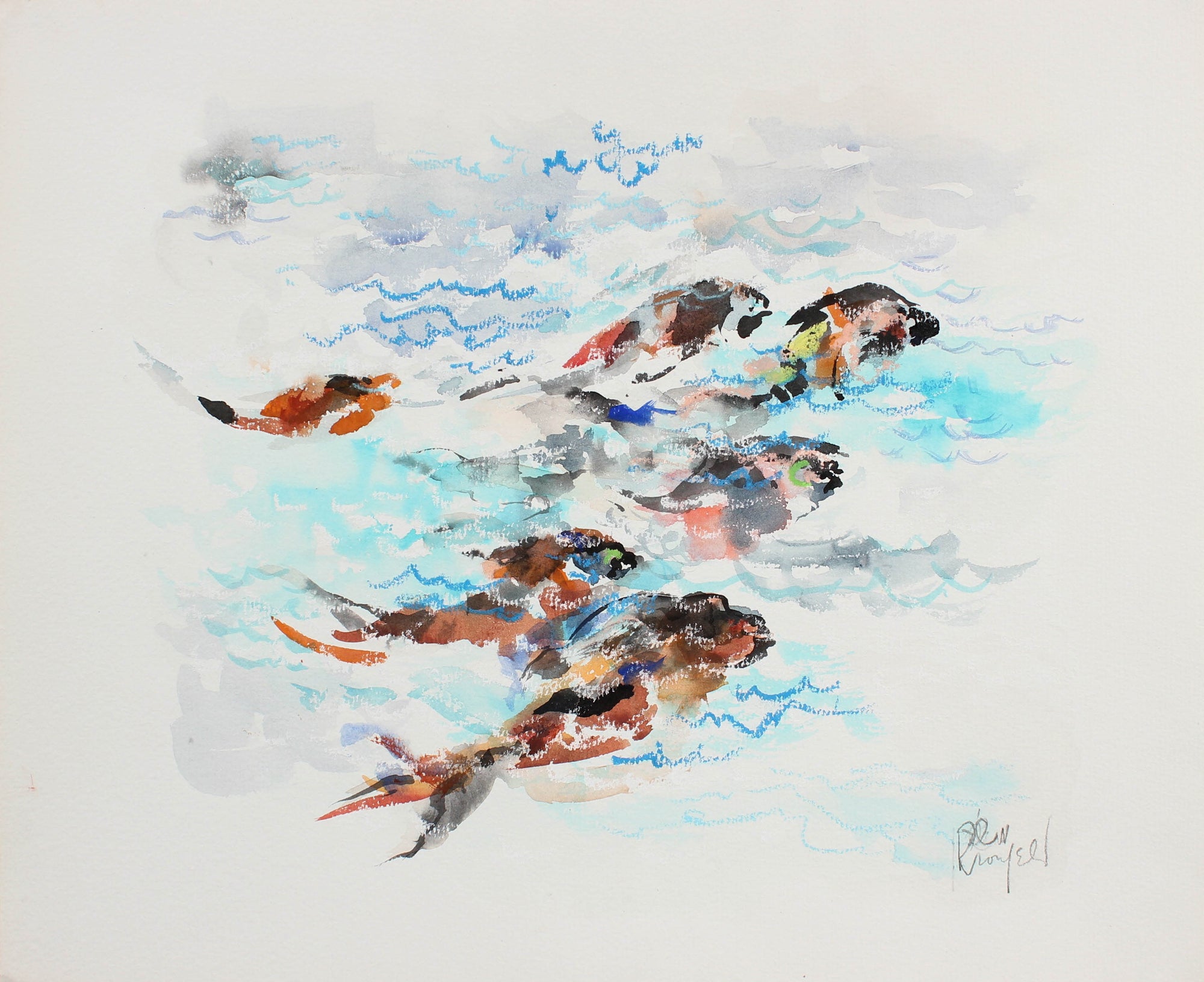 Colorful Fish Swimming <br>1970-90s Watercolor & Pastel <br><br>#99442