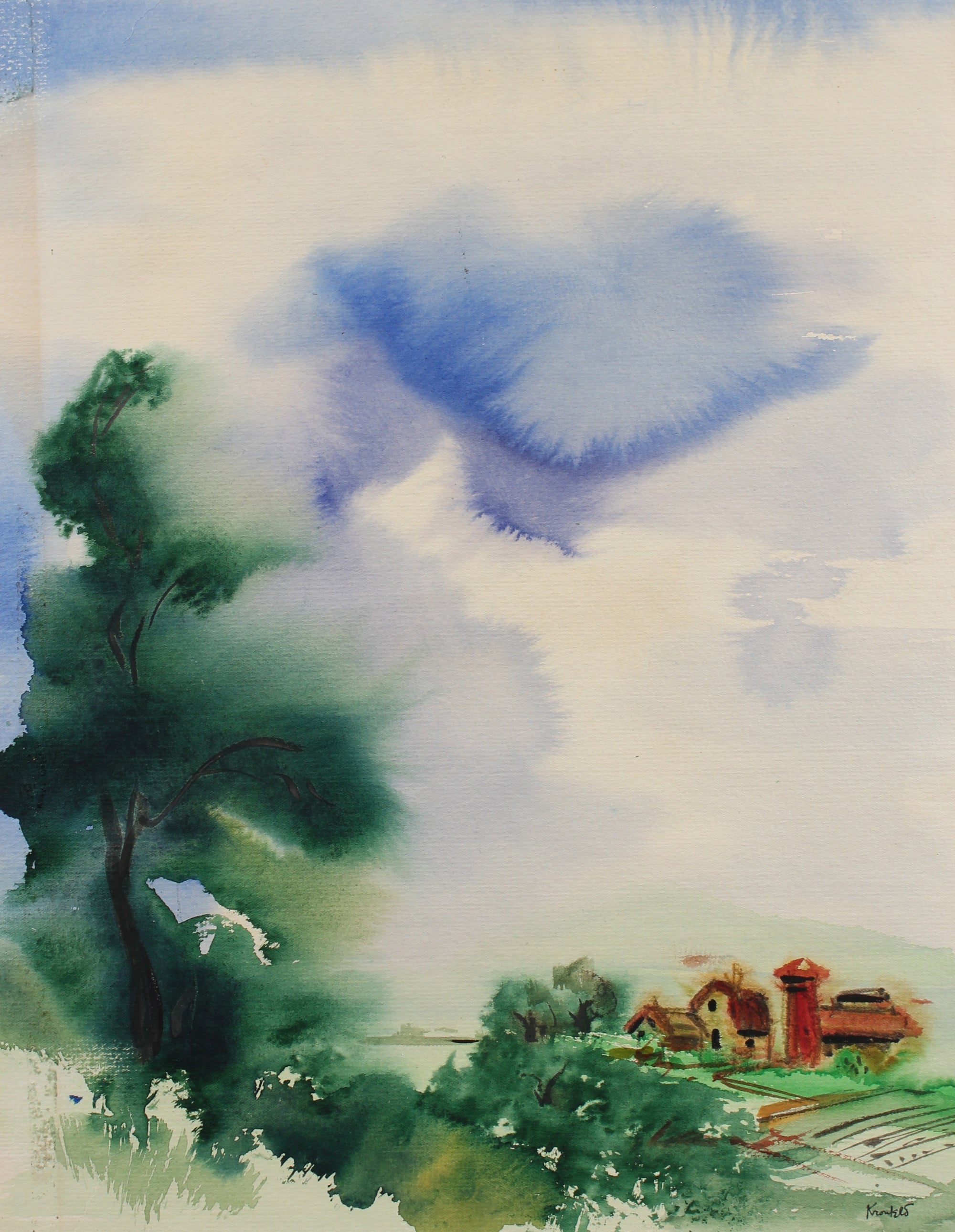 Dreamy Abstracted Sky & Landscape <br>1940s Watercolor <br><br>#99448
