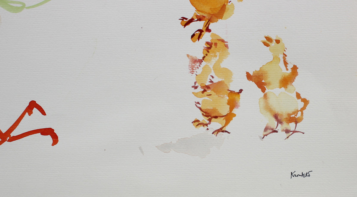 Colorful Performance of a Chicken and Rooster <br>1970s Watercolor<br><br>#99457