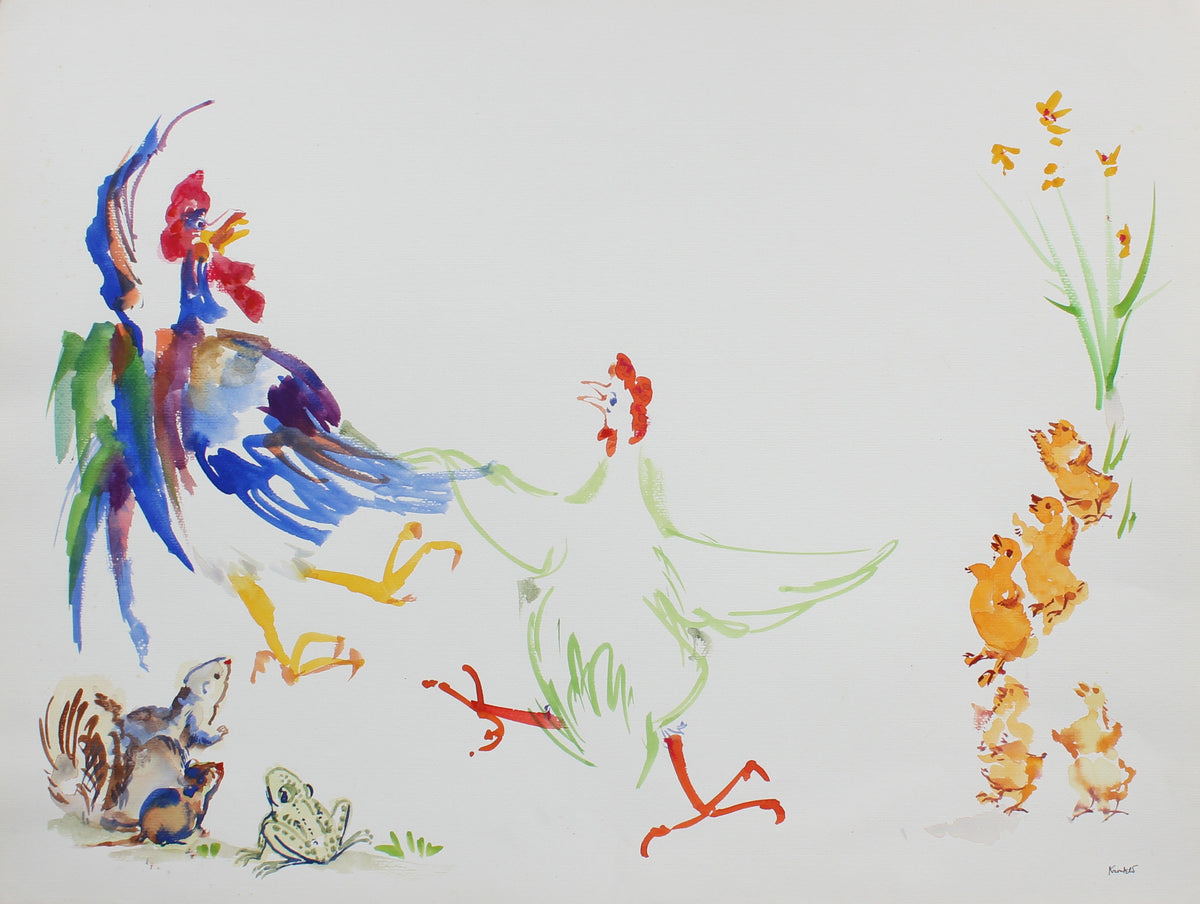 Colorful Performance of a Chicken and Rooster &lt;br&gt;1970s Watercolor&lt;br&gt;&lt;br&gt;#99457