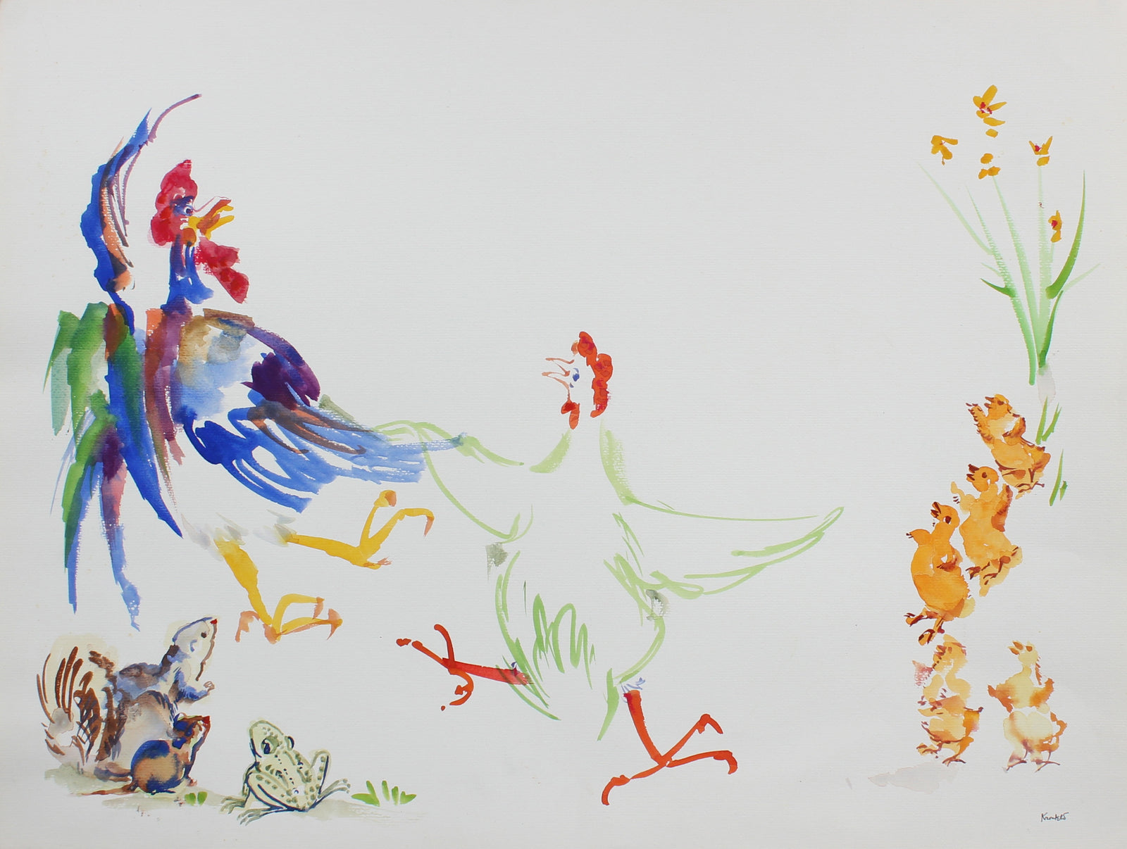 Colorful Performance of a Chicken and Rooster <br>1970s Watercolor<br><br>#99457
