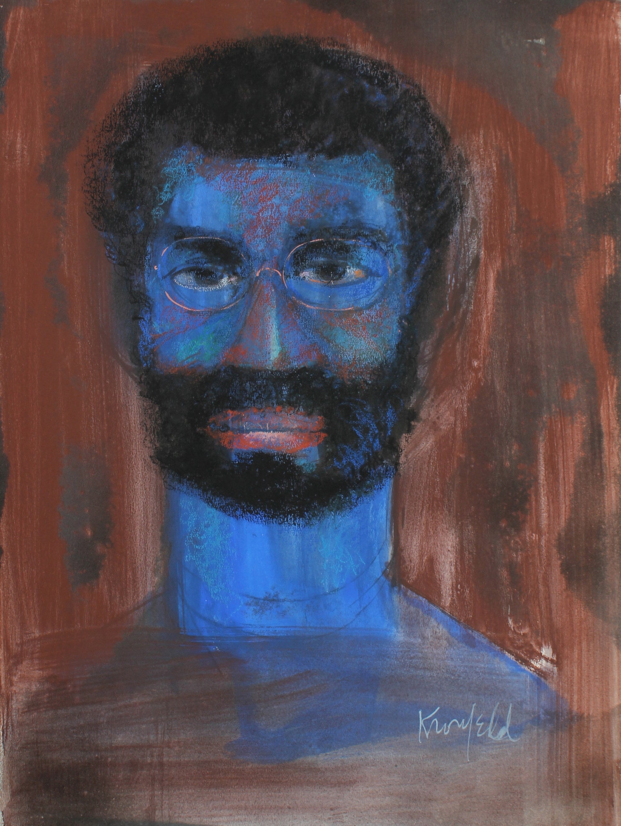 Blue and Maroon Portrait Painting <br>Late 20th Century Charcoal, Gouache and Pastel<br><br>#99463