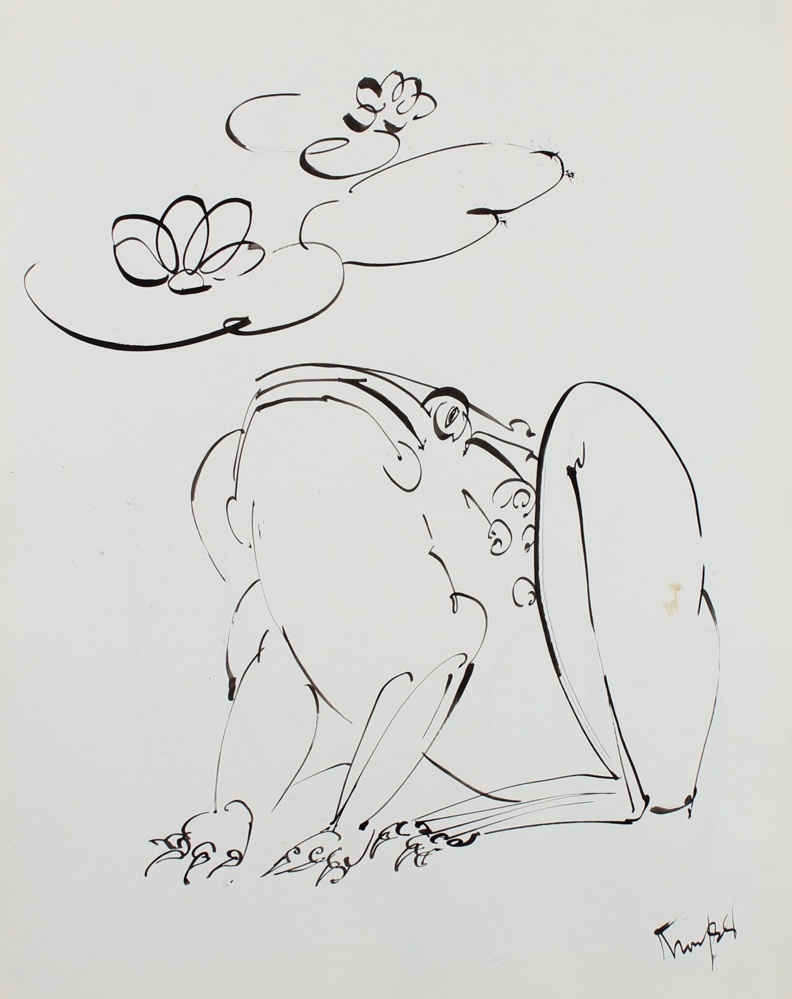 Curious Frog Drawing<br>1980s Ink <br><br>#99475