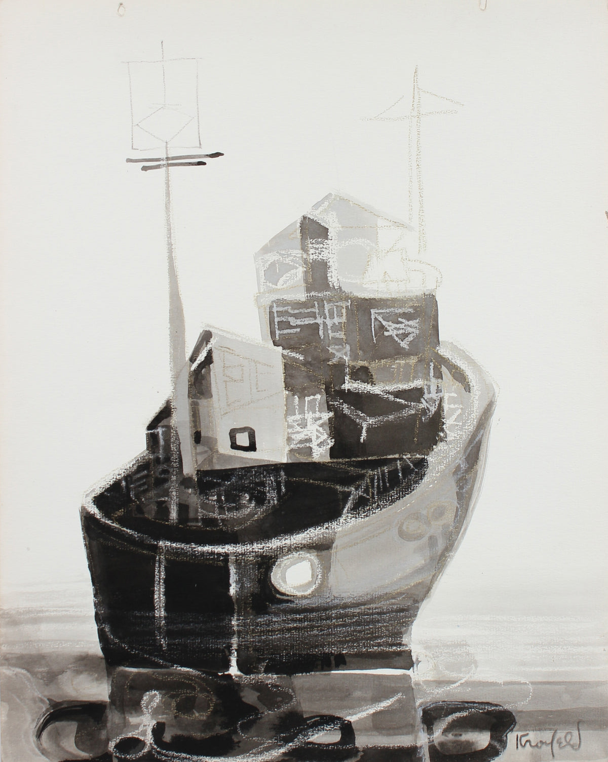 Ship at Harbor&lt;br&gt;1960-80s Oil Pastel &amp; Ink&lt;br&gt;&lt;br&gt;#99483