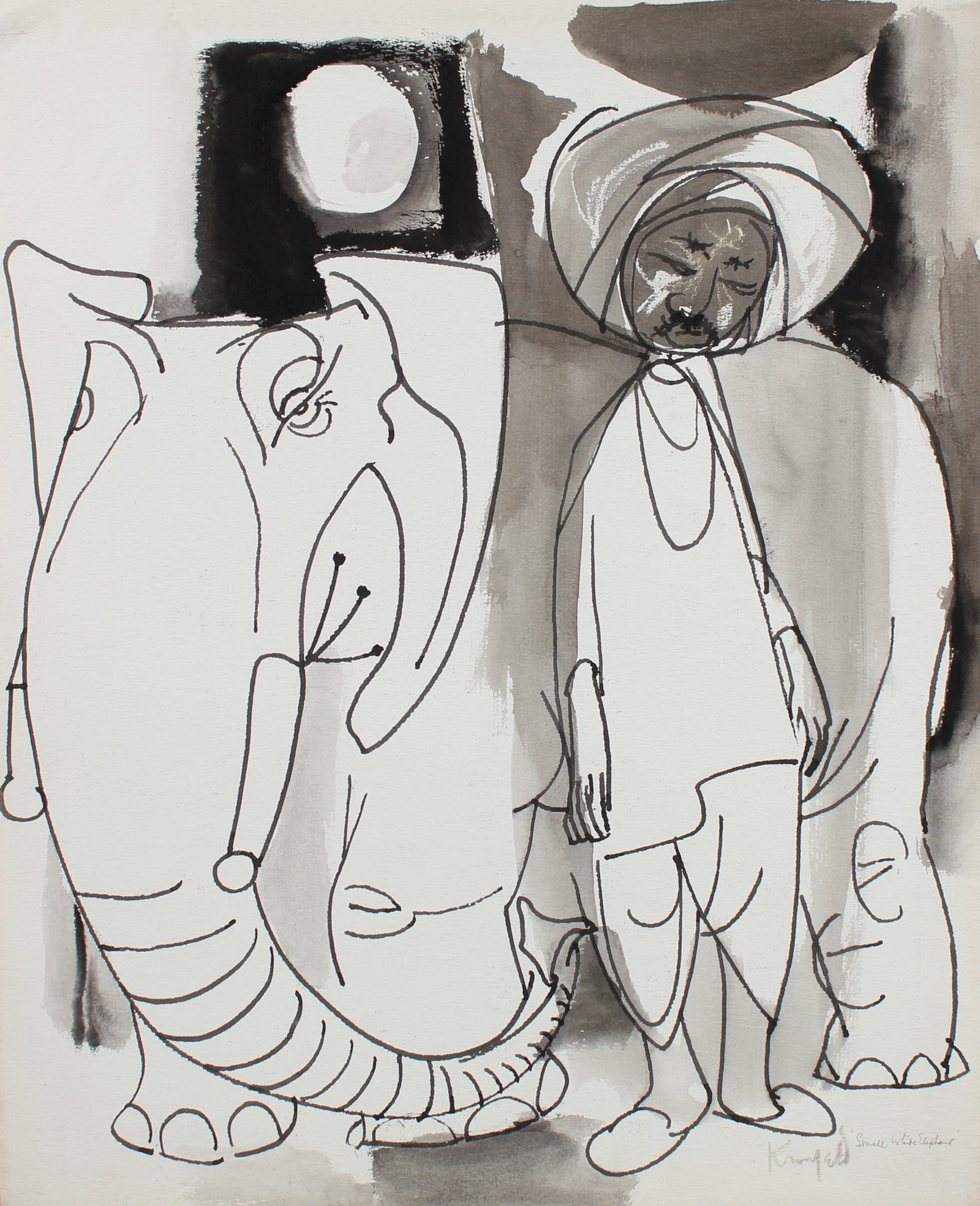 <i>Small White Elephant</i> <br>1960-80s Oil Pastel & Ink <br><br>#99493