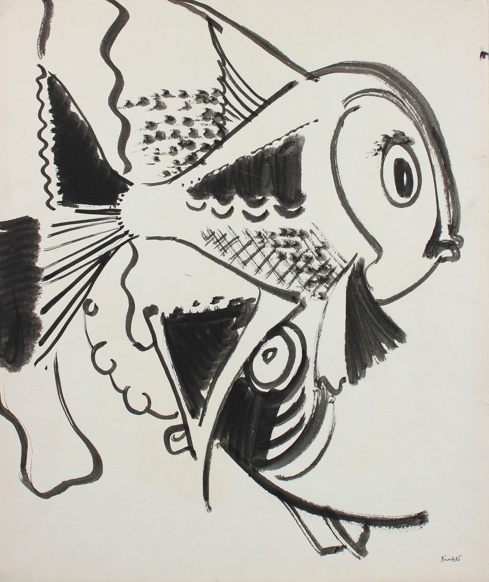 Playful Depiction of Fish <br>1960-80s Ink <br><br>#99507