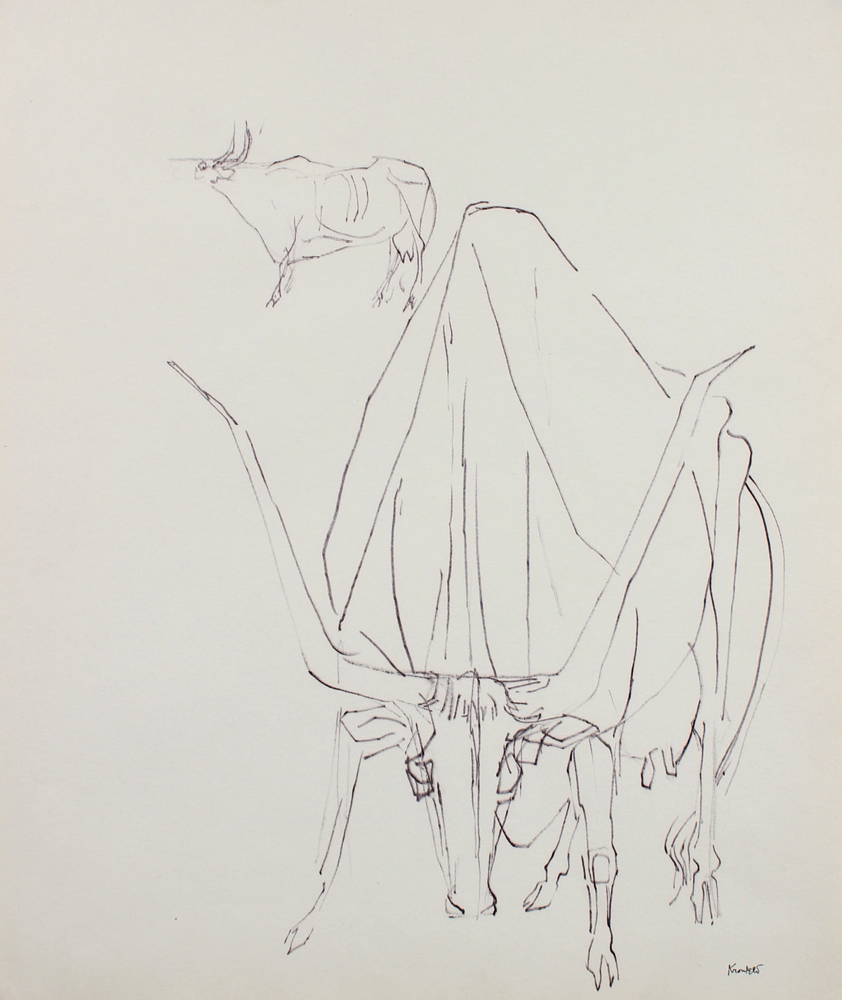 Bull Duo Drawing &lt;br&gt;1960-80s Ink &lt;br&gt;&lt;br&gt;#99512