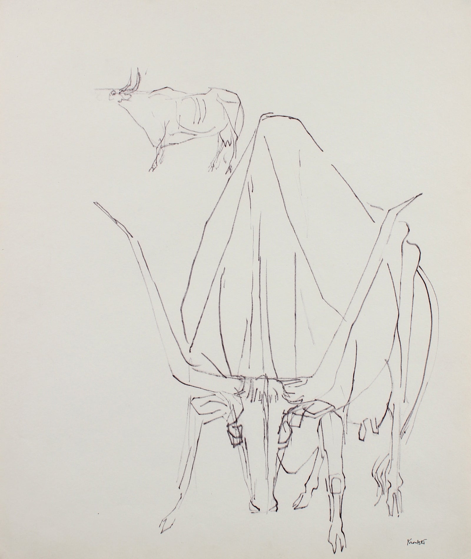 Bull Duo Drawing <br>1960-80s Ink <br><br>#99512