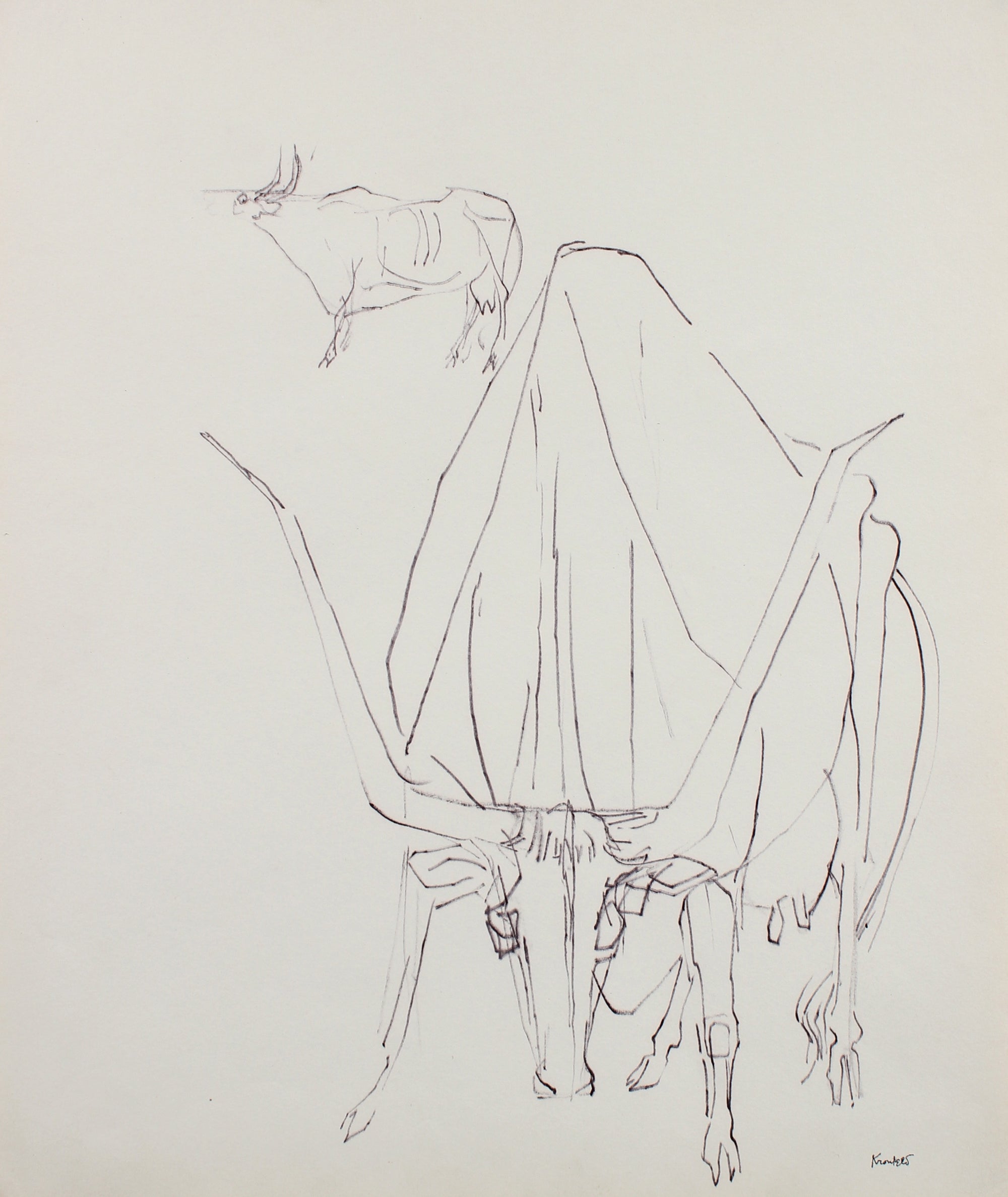 Bull Duo Drawing <br>1960-80s Ink <br><br>#99512
