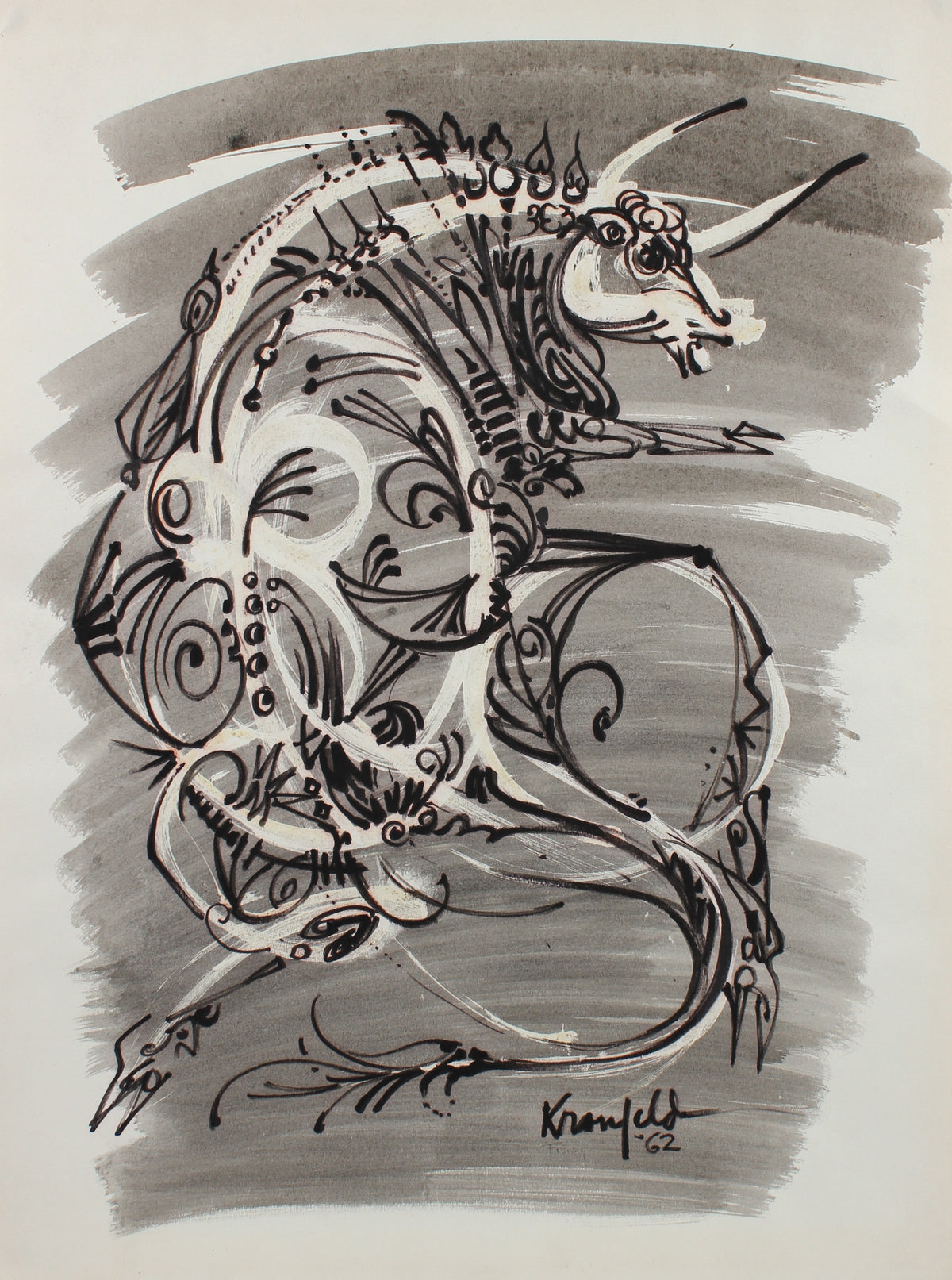 Decorative Surreal Bull Drawing &lt;br&gt;1964 Ink &amp; Gouache &lt;br&gt;&lt;br&gt;#99520