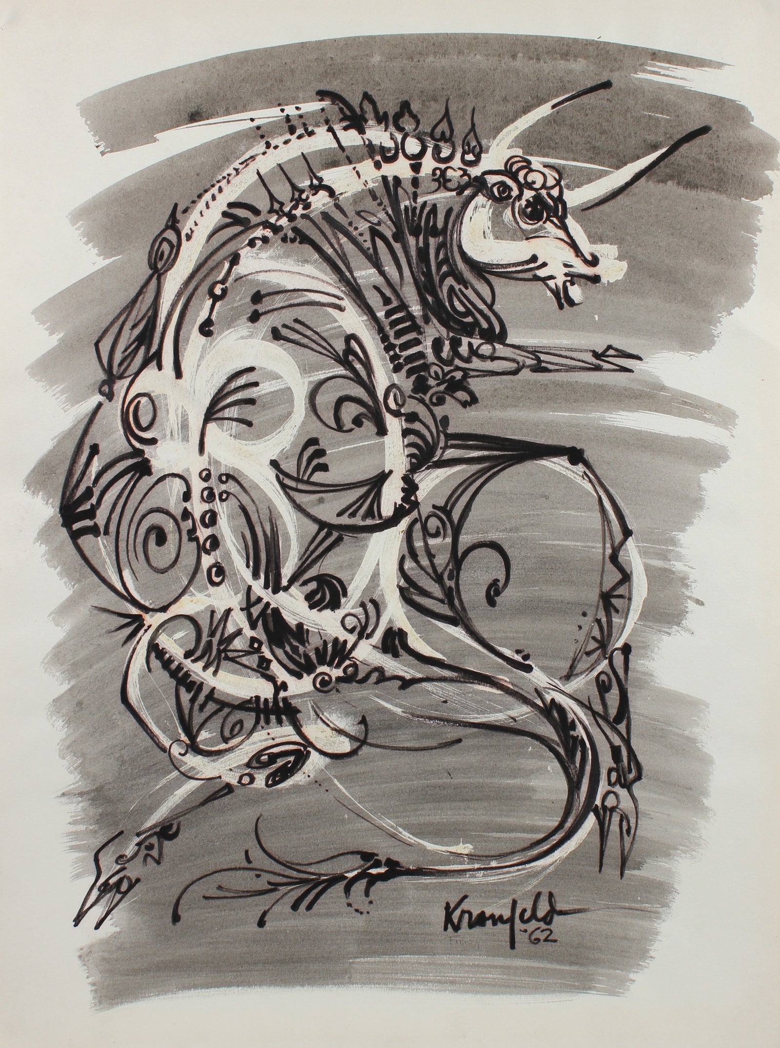 Decorative Surreal Bull Drawing <br>1964 Ink & Gouache <br><br>#99520