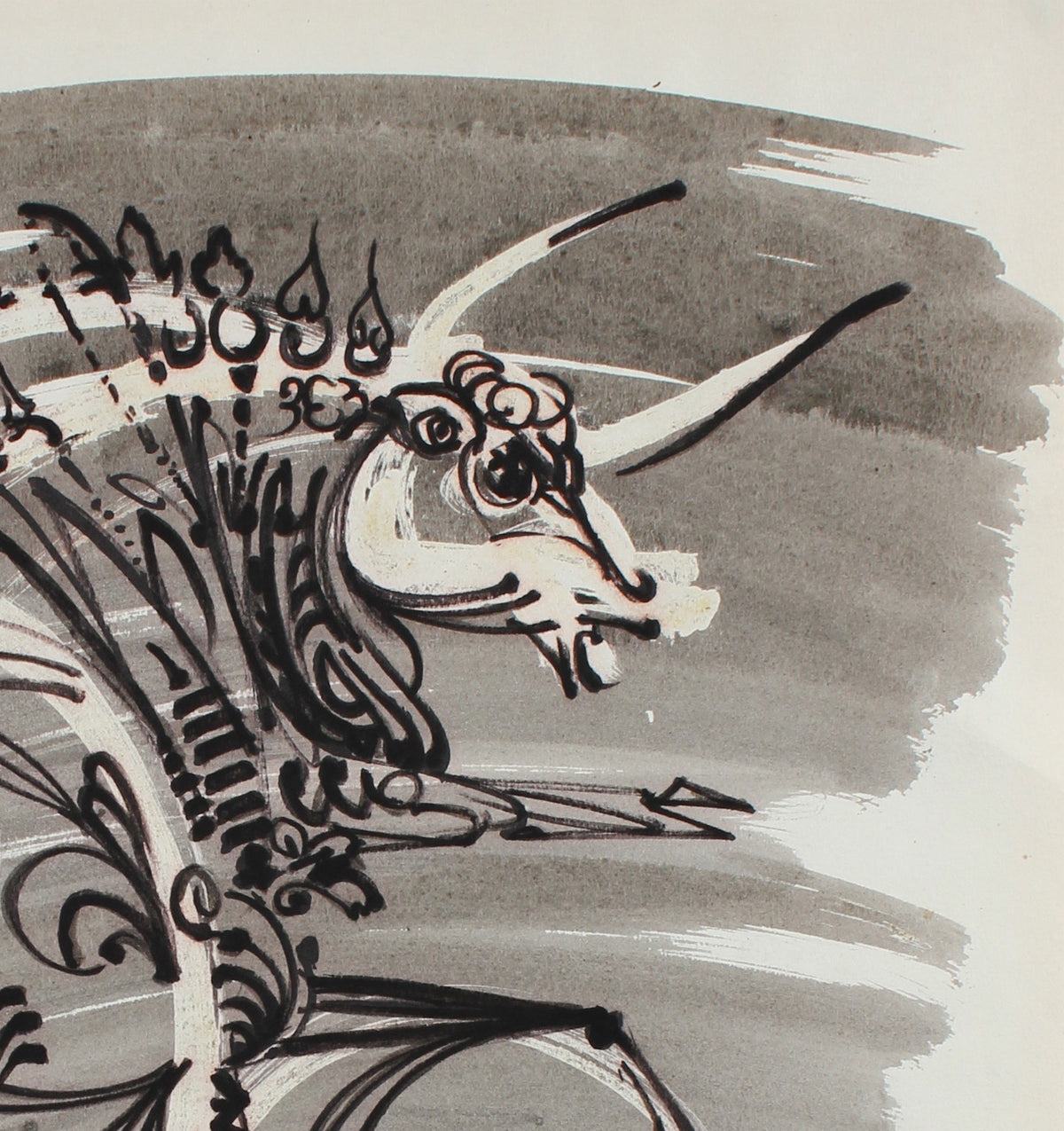 Decorative Surreal Bull Drawing <br>1964 Ink & Gouache <br><br>#99520