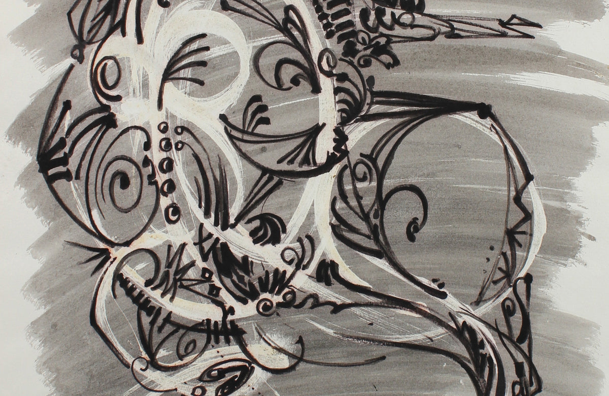 Decorative Surreal Bull Drawing <br>1964 Ink & Gouache <br><br>#99520