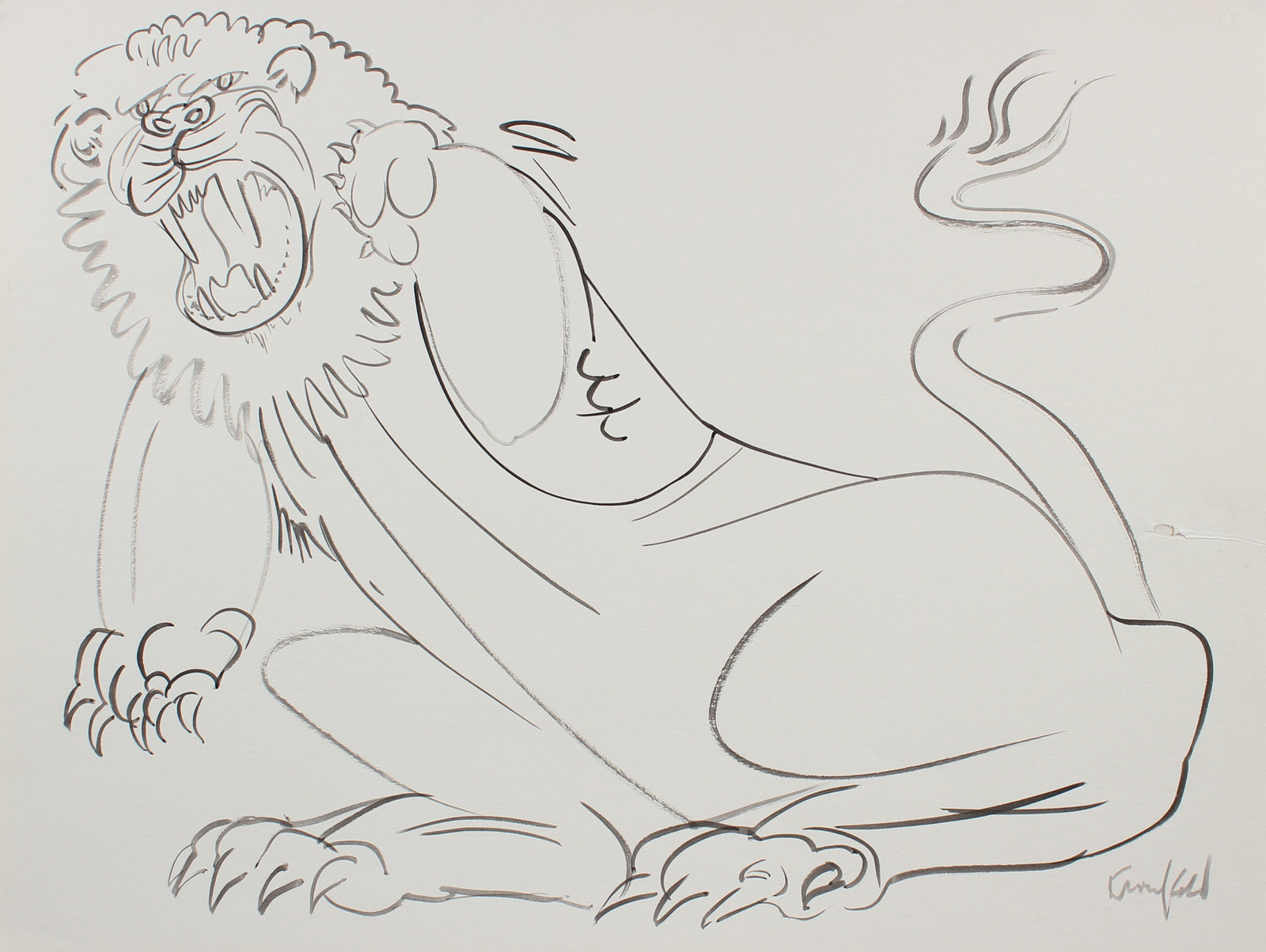 Calligraphic Lion Drawing <br>1980s Ink <br><br>#99524