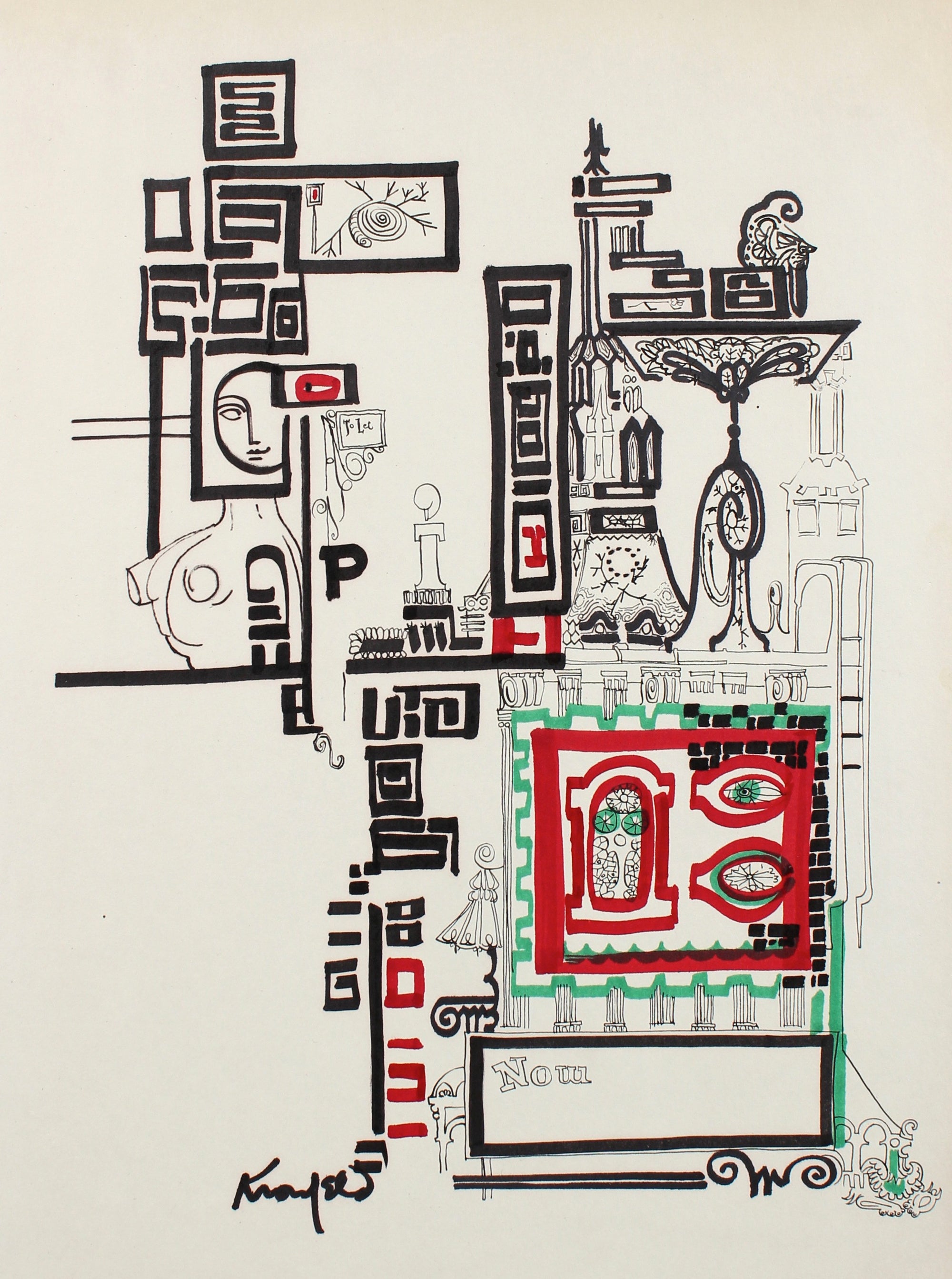 Architectural Fantasy Drawing<br>1960s Ink<br><br>#99540