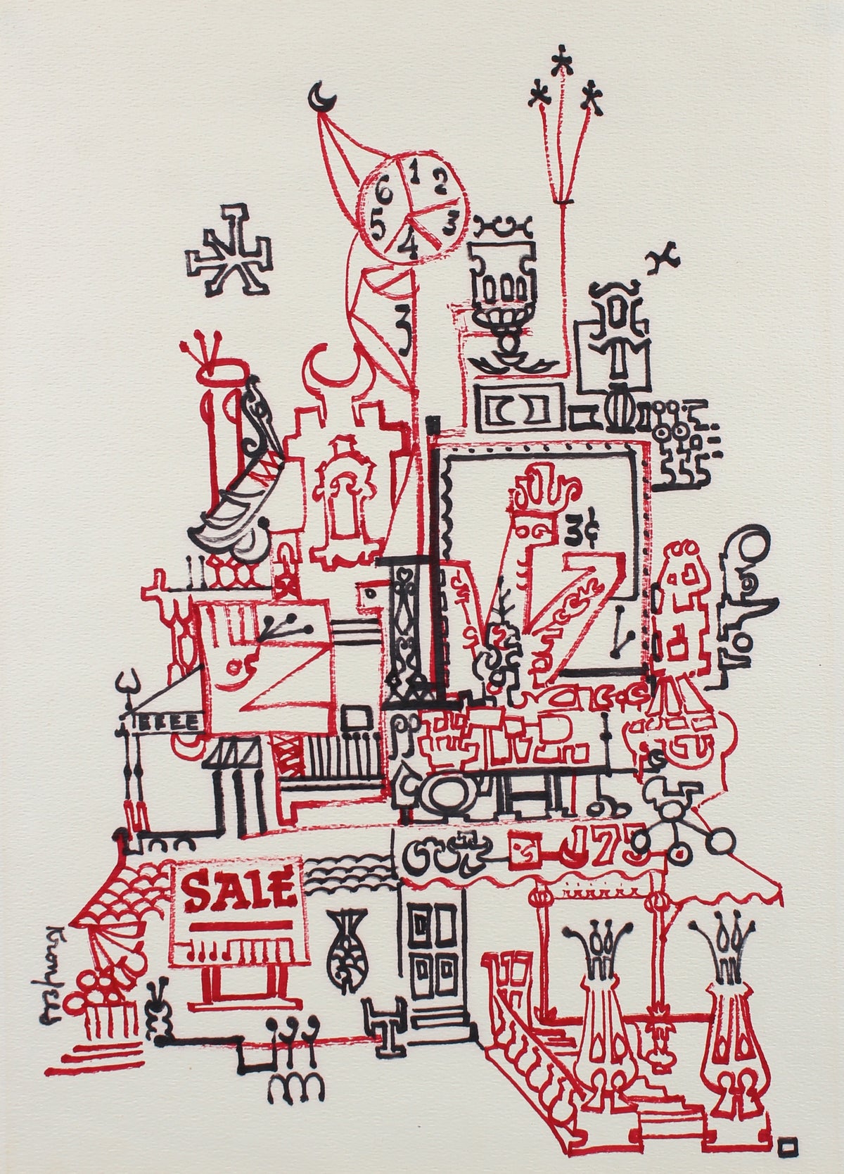 Red &amp; Black Fantastical Architecture Drawing&lt;br&gt;1960s Ink&lt;br&gt;&lt;br&gt;#99543