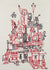 Red & Black Fantastical Architecture Drawing<br>1960s Ink<br><br>#99543