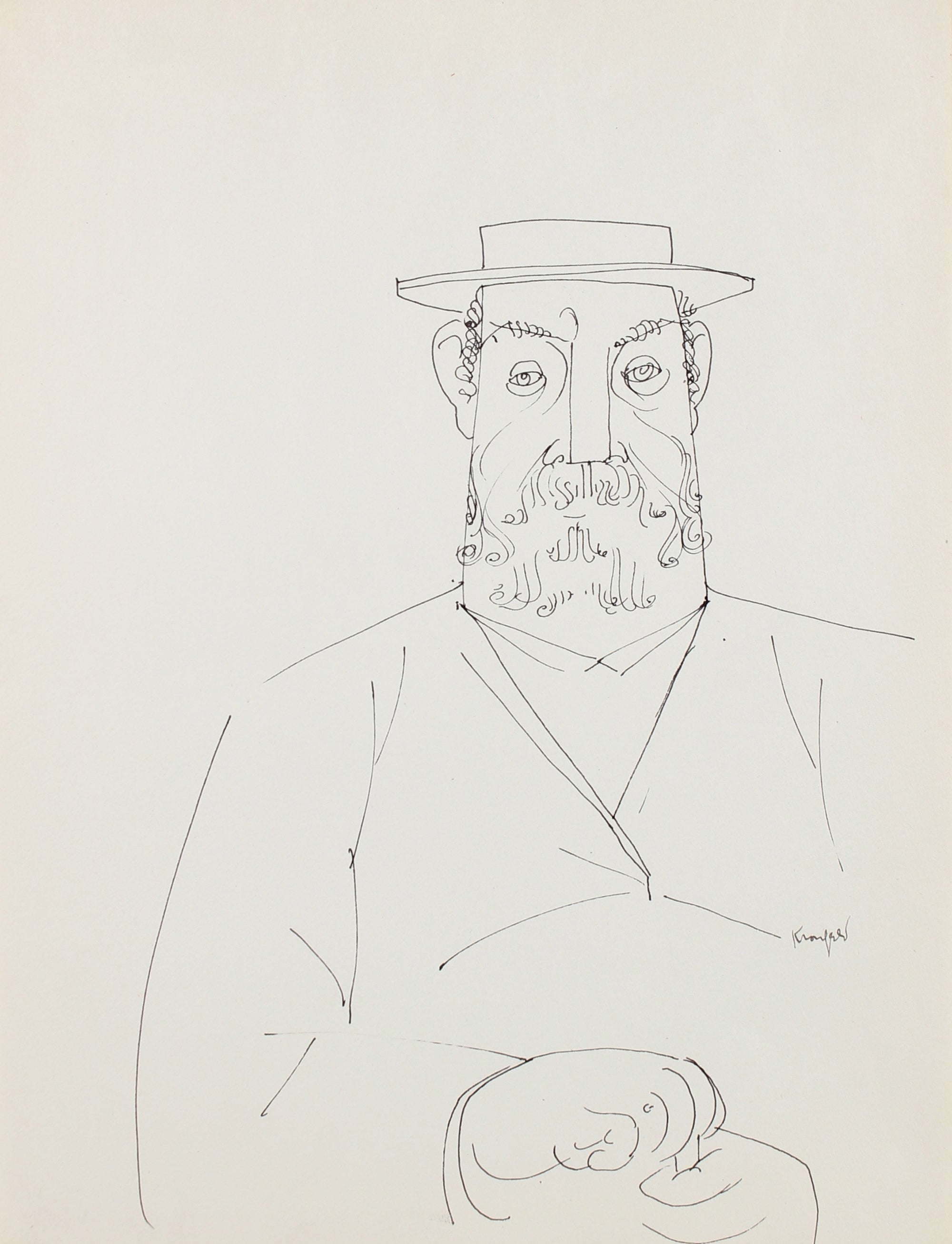Pensive Man in Hat <br>1960-80s Ink <br><br>#99548