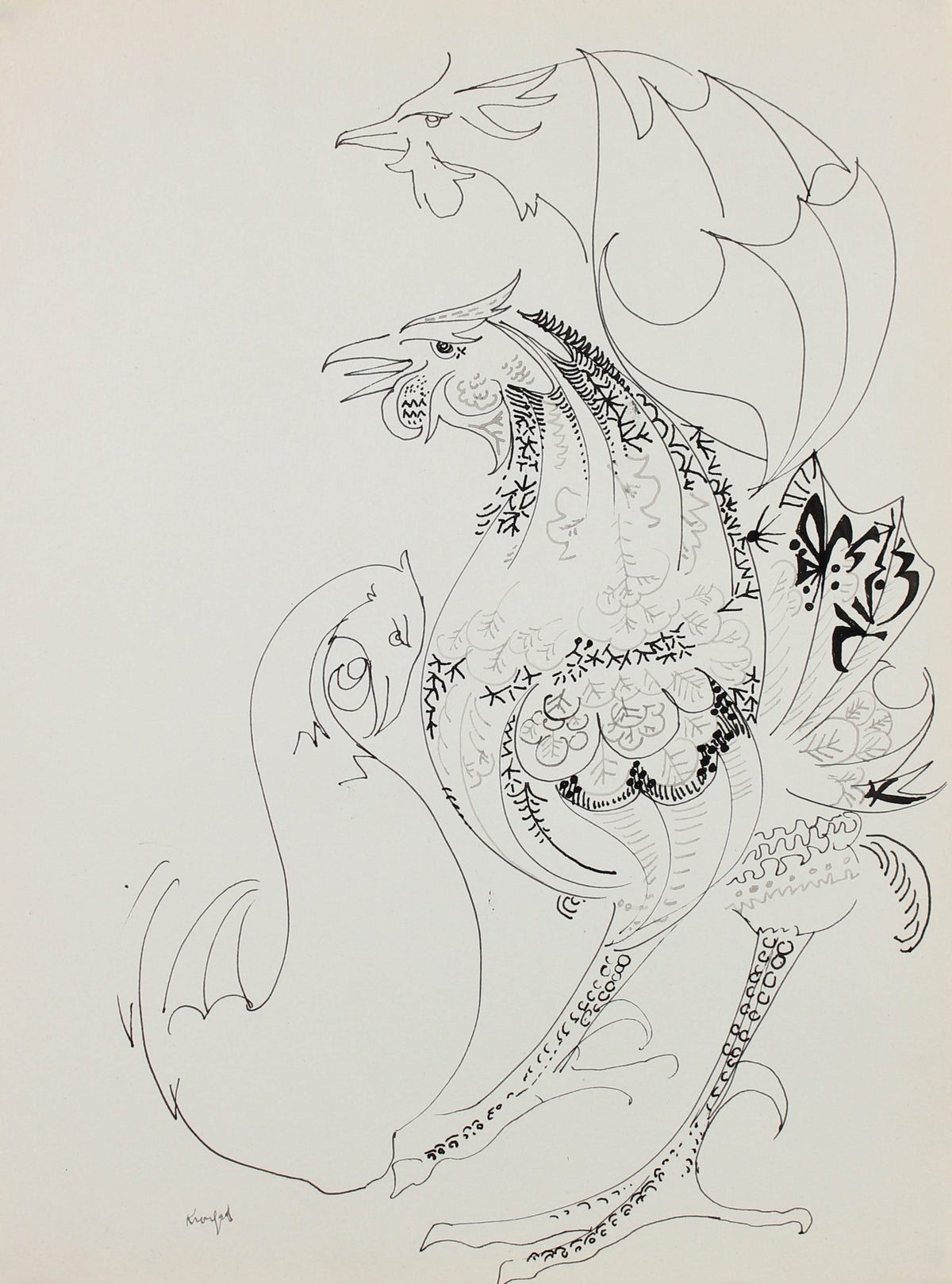 Decorative Bird Trio  &lt;br&gt;1960-80s Ink&lt;br&gt;&lt;br&gt;#99562
