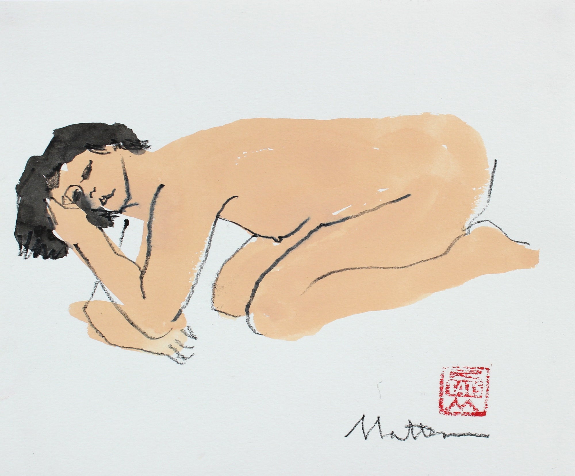 Reposed Female Nude Study <br>20th Century Charcoal & Gouache<br><br>#99722