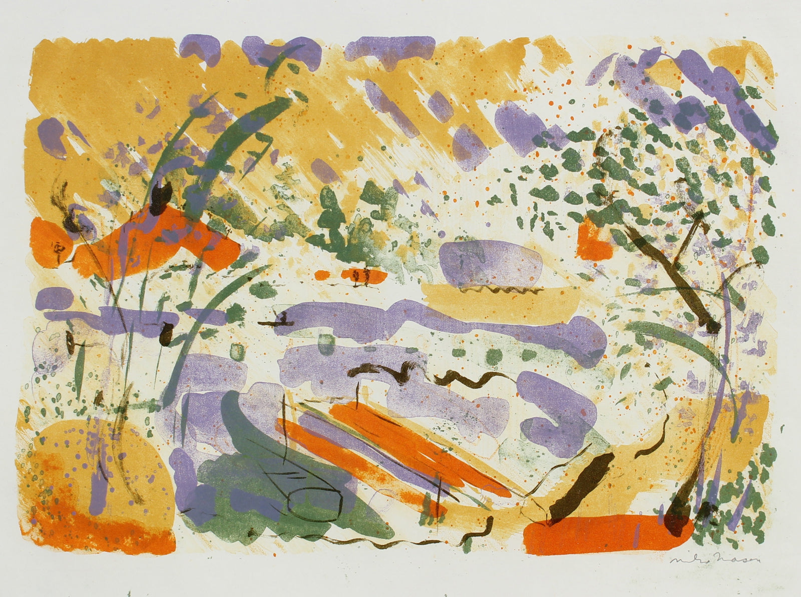 Bright Springtime Abstracted Landscape<br>1950-60s Lithograph<br><br>#99799